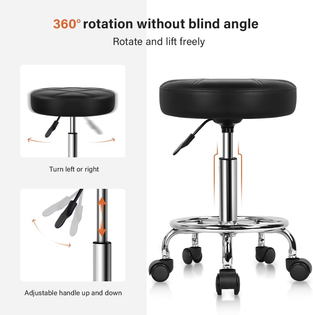 KKTONER Round Rolling Stool Chair PU Leather Height Adjustable Swivel Drafting Work SPA Shop Medical Salon Stools with Wheels Office Chair Small (Black)