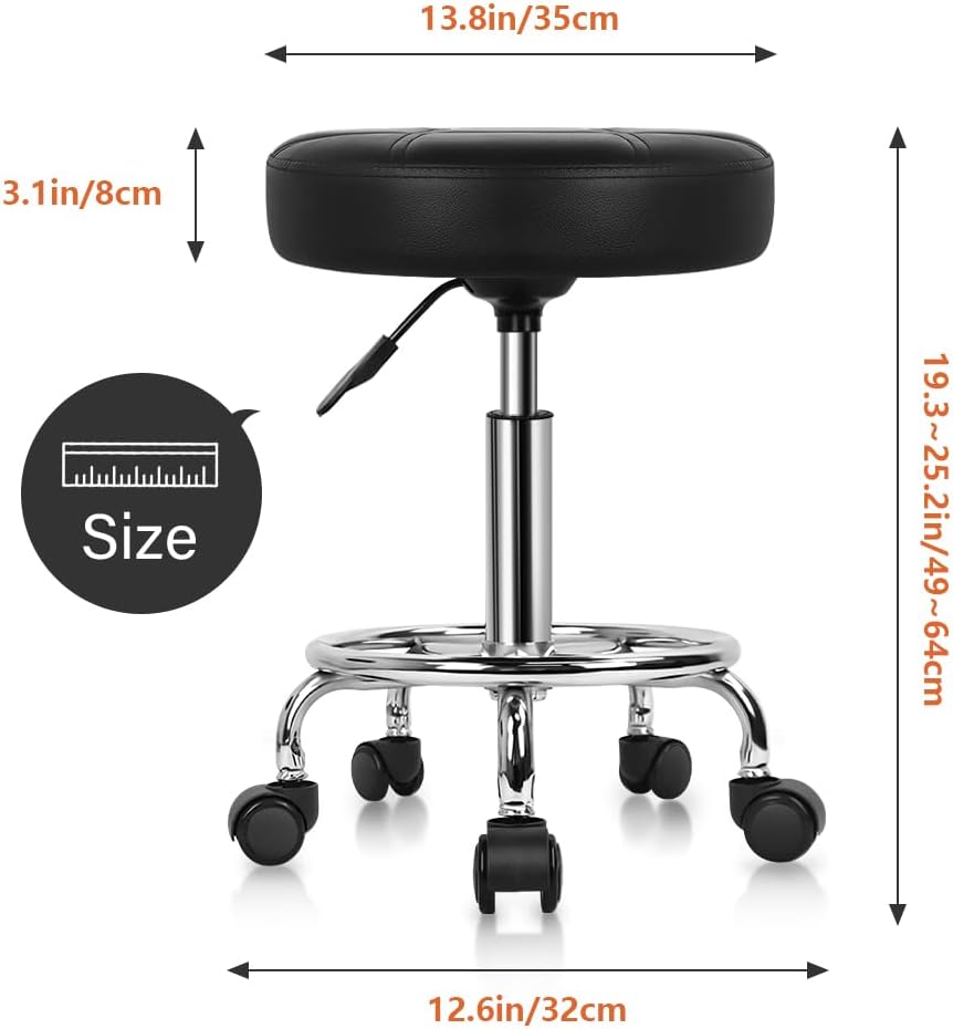 KKTONER Round Rolling Stool Chair PU Leather Height Adjustable Swivel Drafting Work SPA Shop Medical Salon Stools with Wheels Office Chair Small (Black)