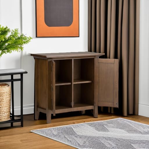 SIMPLIHOME Redmond SOLID WOOD 32 inch Wide Transitional Low Storage Cabinet in Rustic Natural Aged Brown for the Living Room, Entryway and Family Room