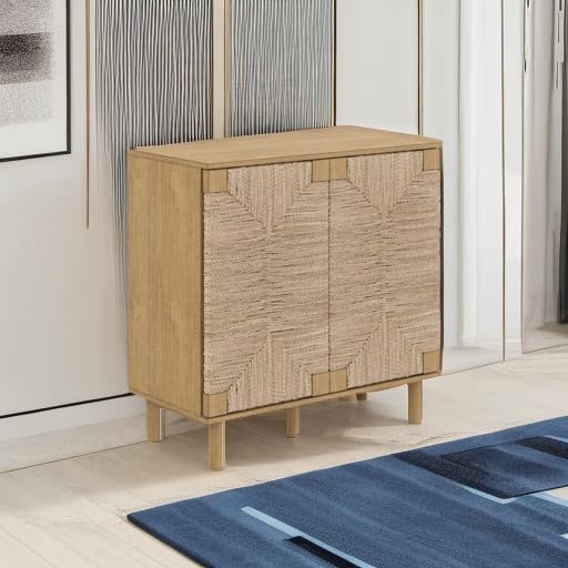 Nathan James Beacon Accent Natural Sideboard Storage Cabinet in Light Wood with Adjustable Interior Shelf and Seagrass Doors, for Hallway, Entryway or Dining Room, Light Brown