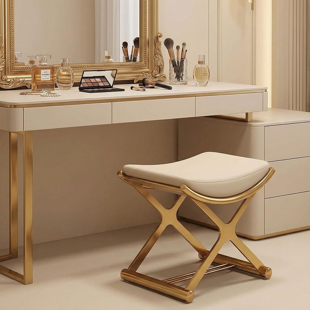 Modern Bathroom Vanity Stool Makeup Chair - Backless Leather Vanity Bench Seat with Metal X Legs, Small Ottoman Footstool for, Bedroom, Living Room, Dressing Room, Gold