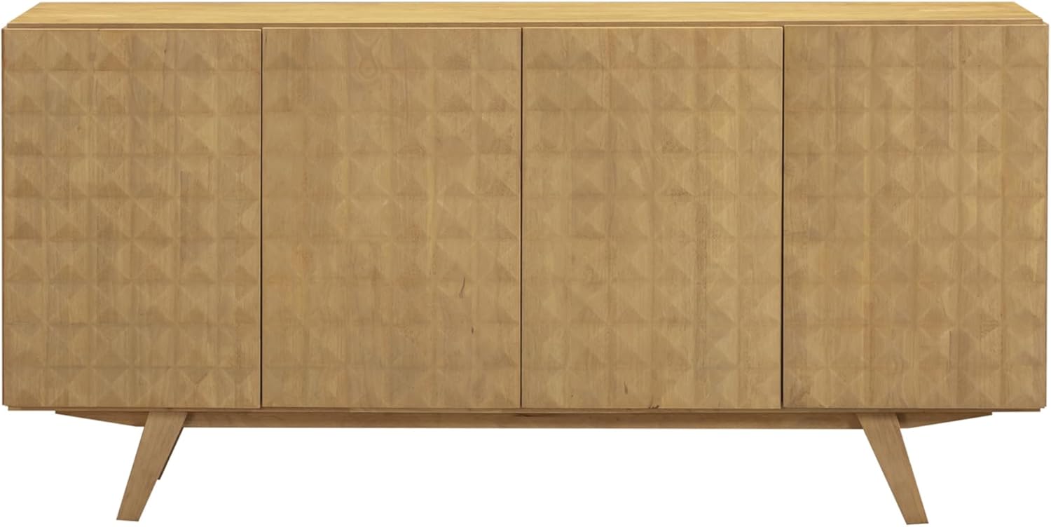 NTC Sapa Mid-Century Modern Solid Wood Sideboard – 4-Door Accent Buffet Cabinet with Carved Geometric Fronts, for Living Room, or Entryway, Effortless Assembly, Sand