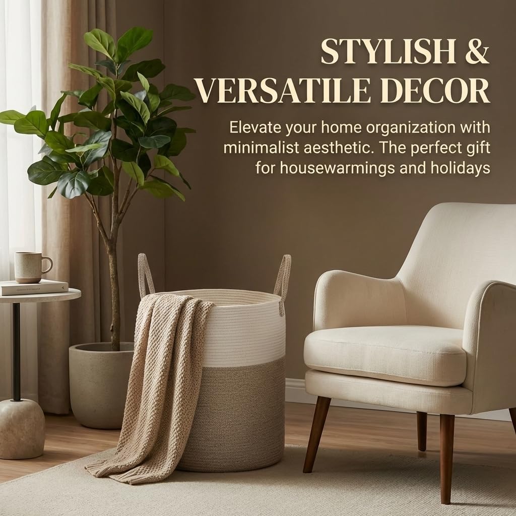 Large Woven Laundry Basket Hamper,60L Cotton Rope Storage Bin for Blankets,Toys and Clothes,Decorative Tall Nursery Hamper for Living Room,Baby Nursery,Bathroom and Bedroom,Brown