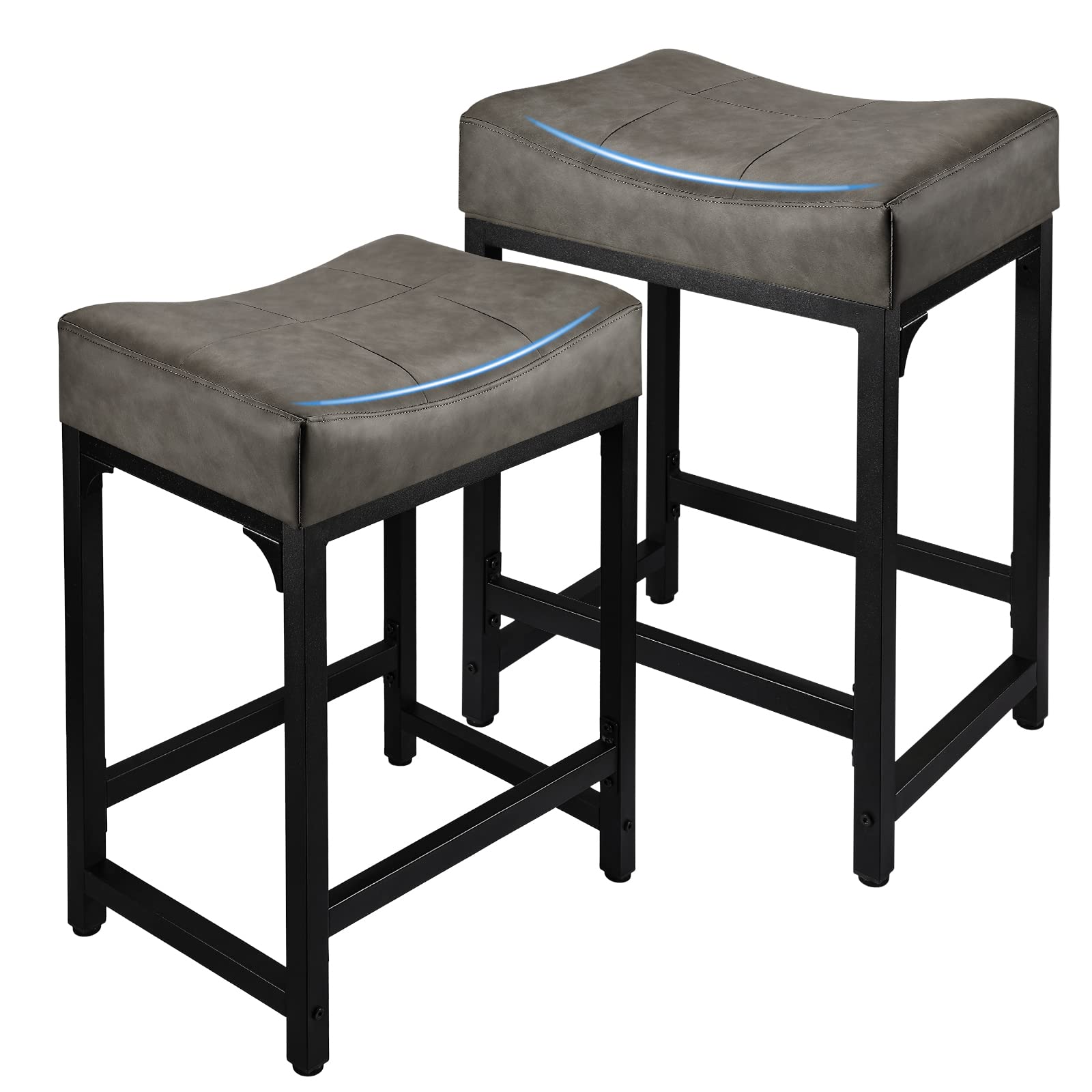 Bar Stools Set of 3, Counter Height Bar Stools for Kitchen Counter, 24 Inch Saddle Backless Barstools Kitchen Stool, Counter Height Stool for Dinning Room, Island-Brown