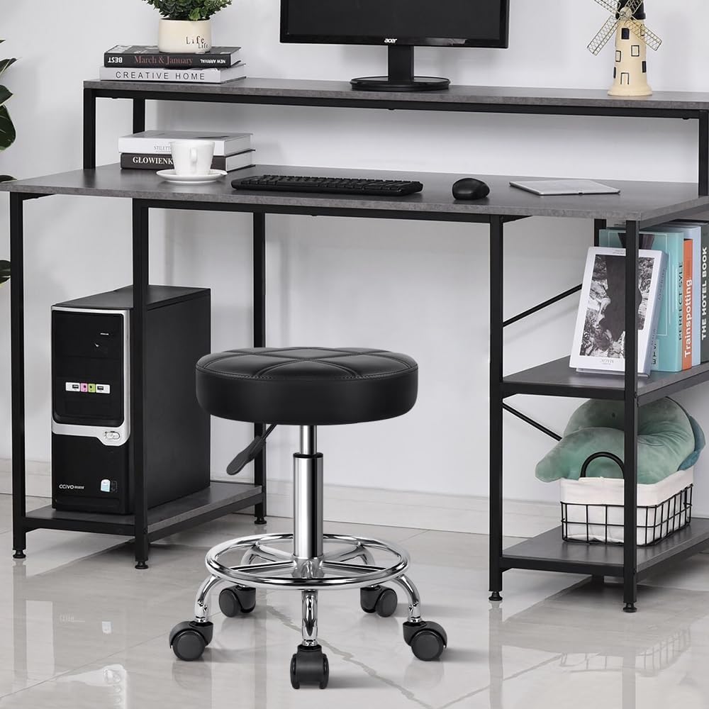 KKTONER Round Rolling Stool Chair PU Leather Height Adjustable Swivel Drafting Work SPA Shop Medical Salon Stools with Wheels Office Chair Small (Black)