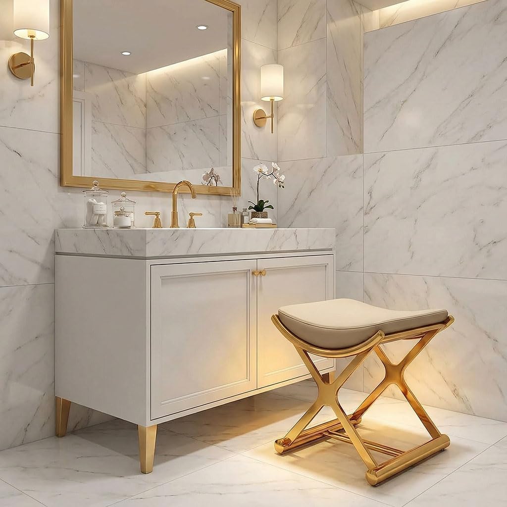 Modern Bathroom Vanity Stool Makeup Chair - Backless Leather Vanity Bench Seat with Metal X Legs, Small Ottoman Footstool for, Bedroom, Living Room, Dressing Room, Gold