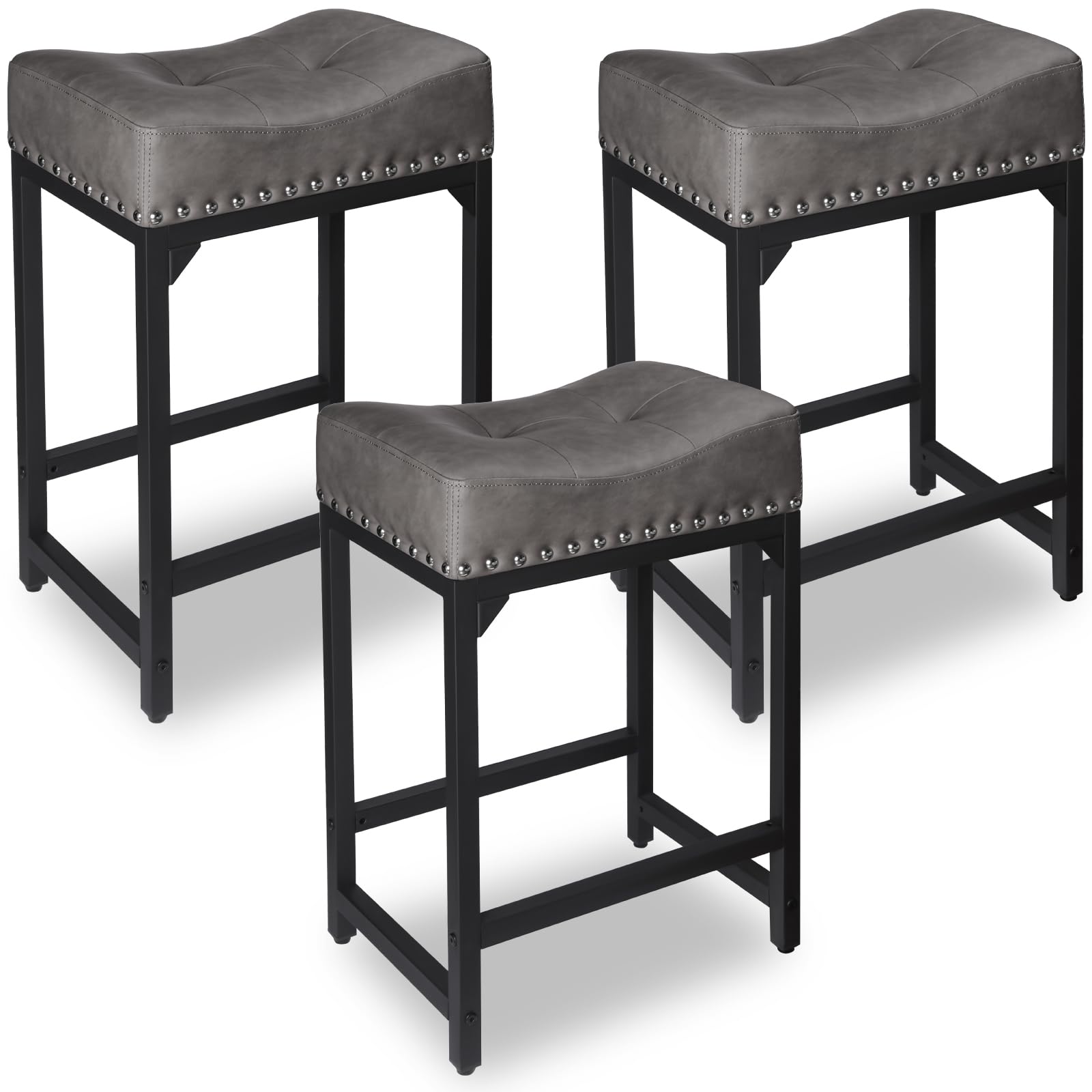 Bar Stools Set of 3, Counter Height Bar Stools for Kitchen Counter, 24 Inch Saddle Backless Barstools Kitchen Stool, Counter Height Stool for Dinning Room, Island-Brown