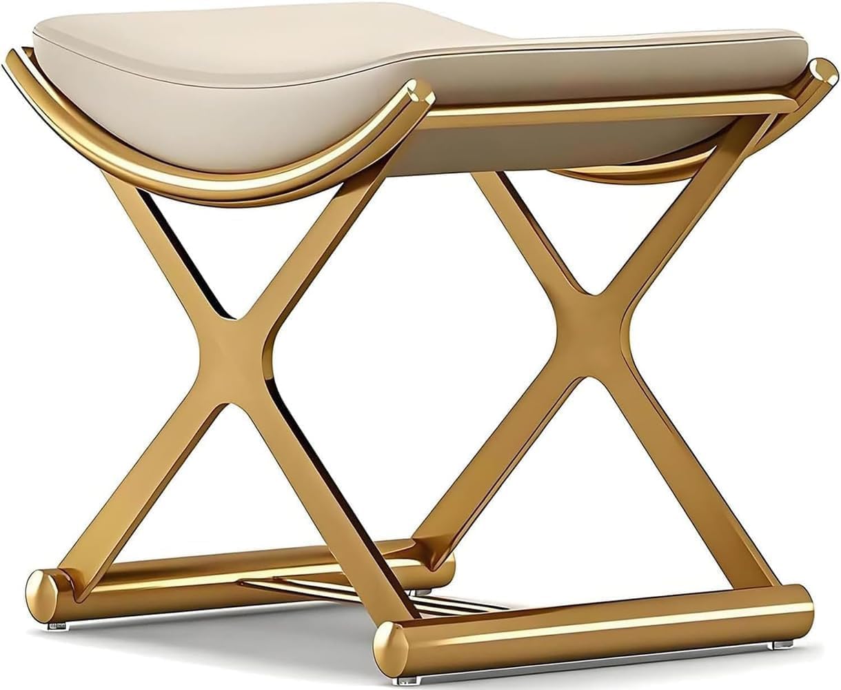 Modern Bathroom Vanity Stool Makeup Chair - Backless Leather Vanity Bench Seat with Metal X Legs, Small Ottoman Footstool for, Bedroom, Living Room, Dressing Room, Gold