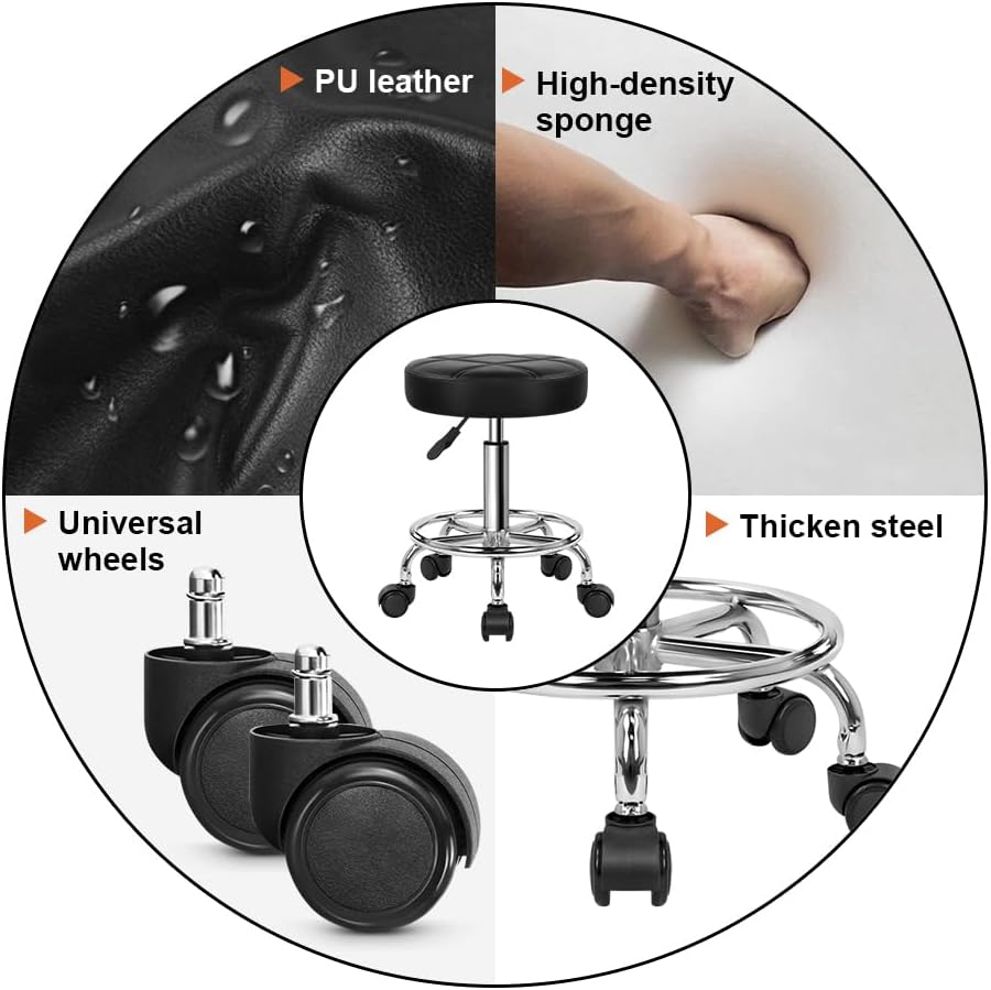 KKTONER Round Rolling Stool Chair PU Leather Height Adjustable Swivel Drafting Work SPA Shop Medical Salon Stools with Wheels Office Chair Small (Black)