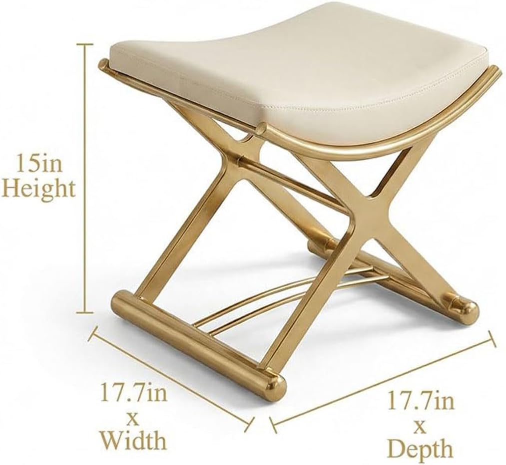 Modern Bathroom Vanity Stool Makeup Chair - Backless Leather Vanity Bench Seat with Metal X Legs, Small Ottoman Footstool for, Bedroom, Living Room, Dressing Room, Gold