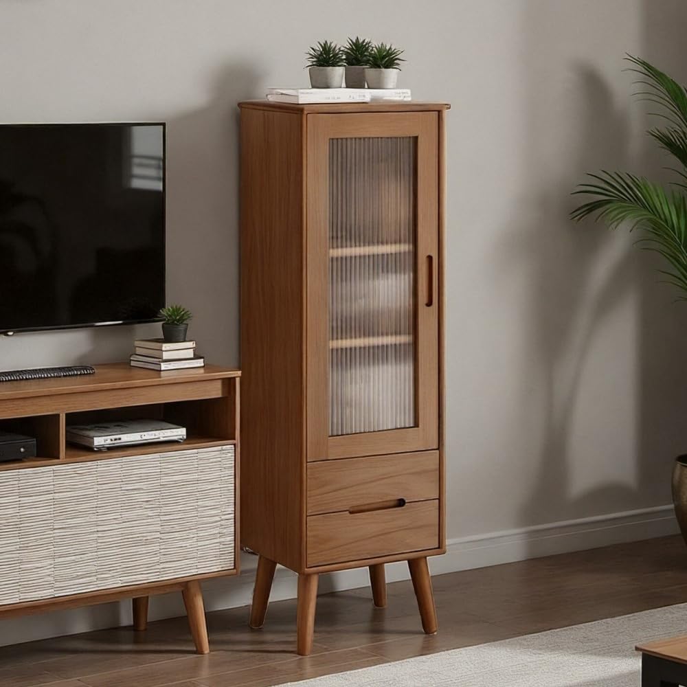 Sideboard Buffet Cabinet with Storage, 100% Solid Rubberwood Wood Coffee Bar with Glass Door & 2 Drawers, Wooden Kitchen Display Cabinet with Adjustable Shelf for Dining Room, Living Room