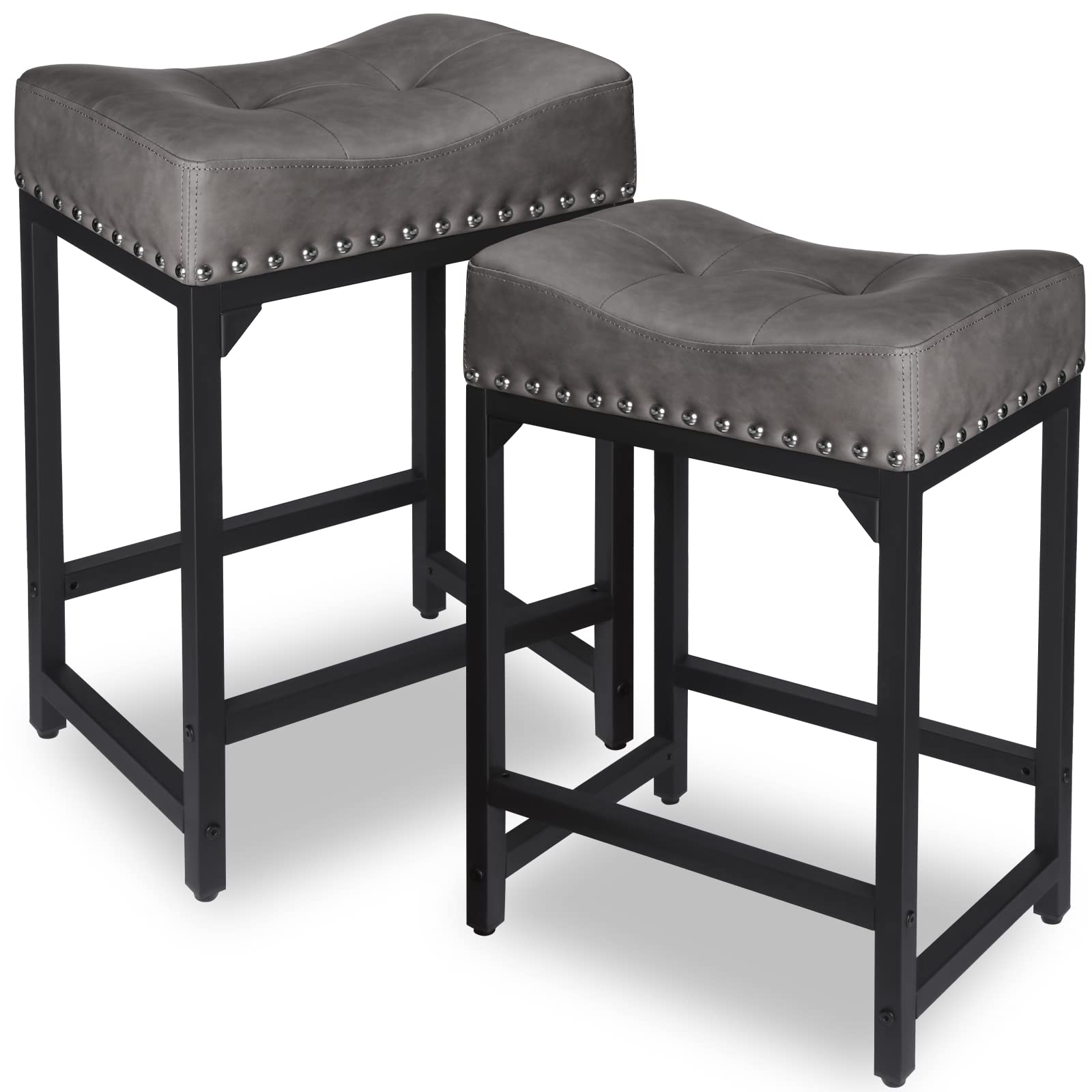 Bar Stools Set of 3, Counter Height Bar Stools for Kitchen Counter, 24 Inch Saddle Backless Barstools Kitchen Stool, Counter Height Stool for Dinning Room, Island-Brown