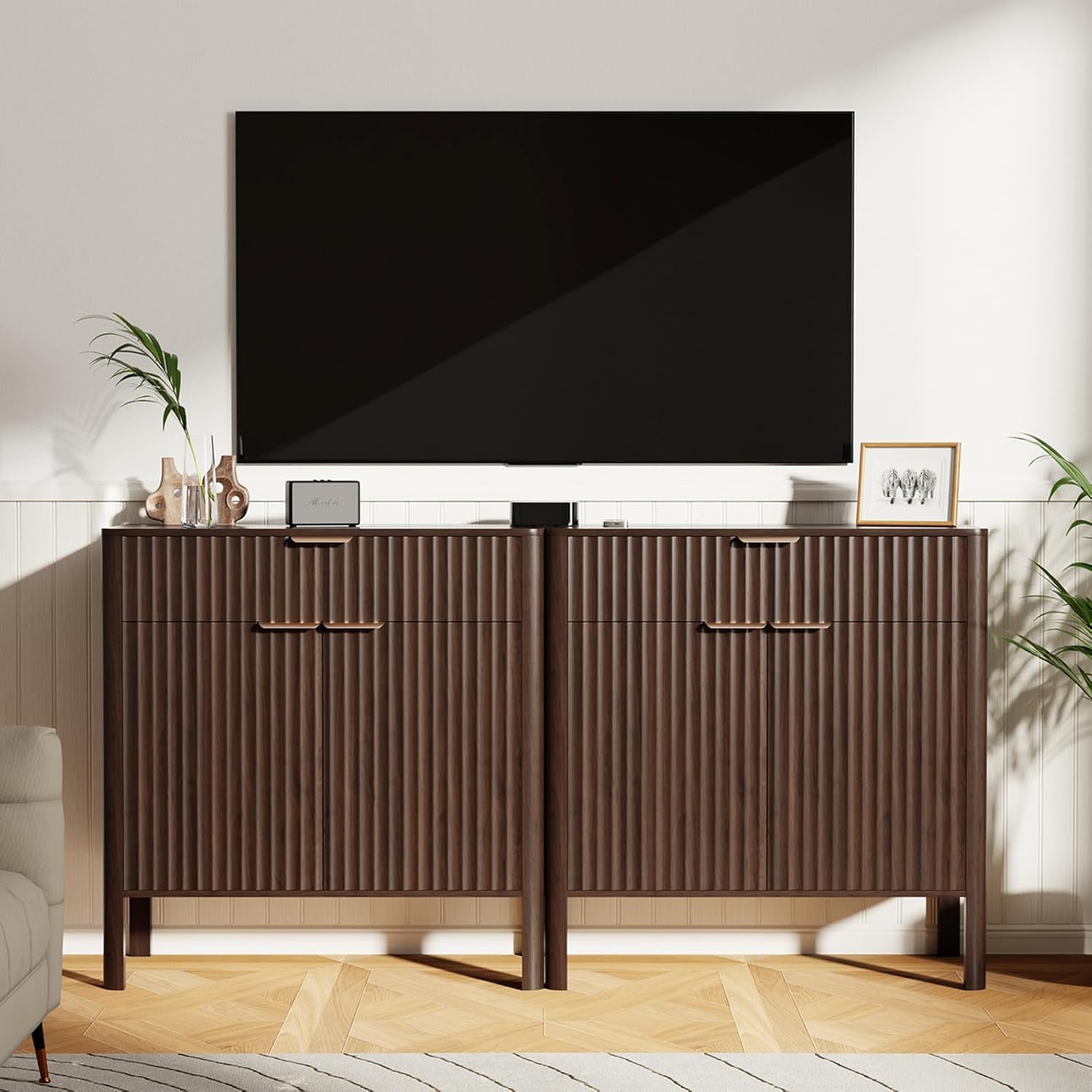 Fluted Buffet Cabinet with Storage - Modern Sideboard Accent Credenza with Doors & Drawer Wood Console Coffee Table Bar Counter for Living Room Kitchen Dining Room Entryway, Easy Assembly 31" Walnut