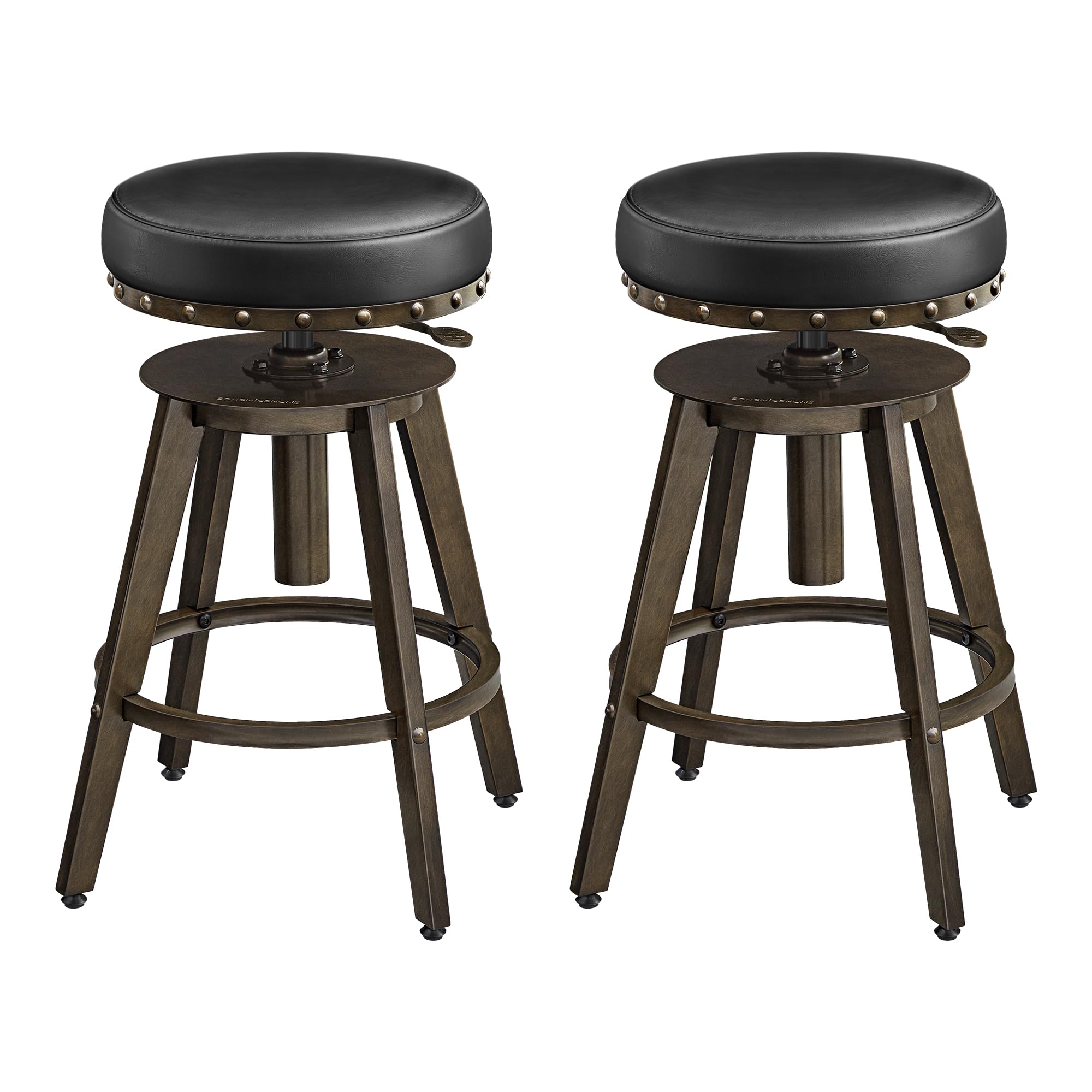 SONGMICS Home Bar Stools, Set of 2, Steampunk Counter Stool for Kitchen, Adjustable Height and Swivel Padded Seat, Workbench Stool, 16.5 x 19.3 x 24.6-29.3 Inches, Caramel Brown ULJB096K01