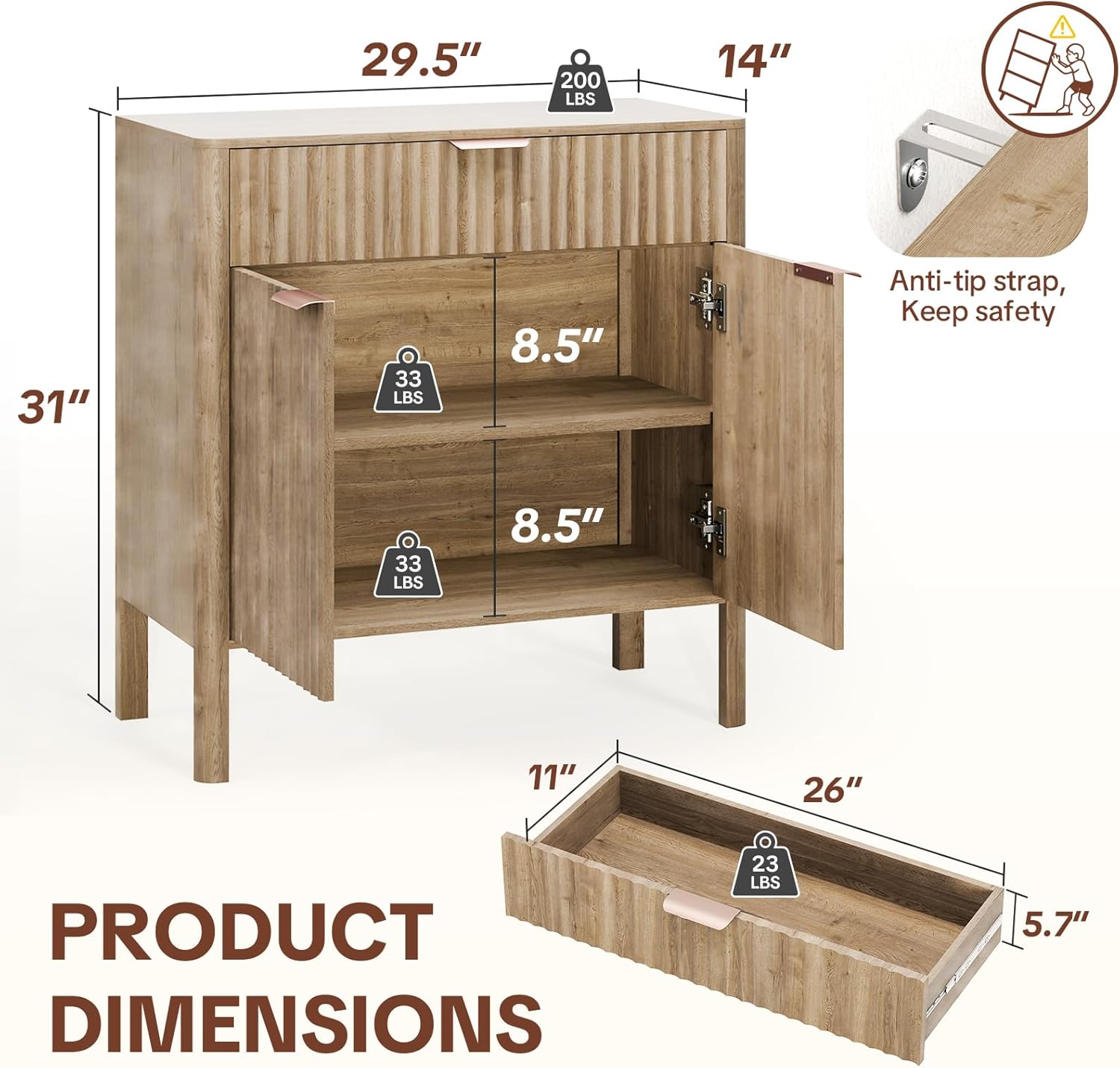 Fluted Buffet Cabinet with Storage - Modern Sideboard Accent Credenza with Doors & Drawer Wood Console Coffee Table Bar Counter for Living Room Kitchen Dining Room Entryway, Easy Assembly 31" Oak