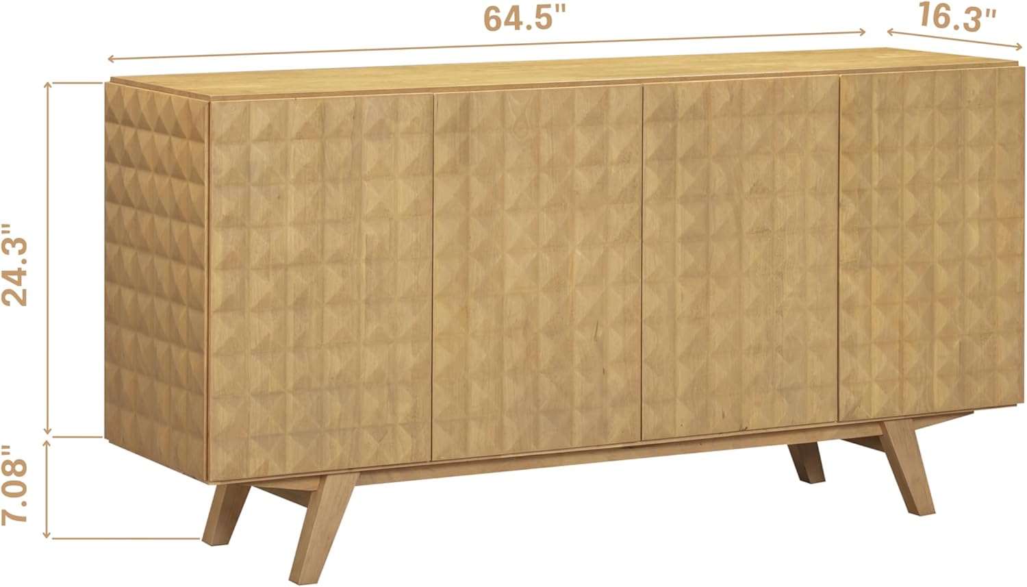 NTC Sapa Mid-Century Modern Solid Wood Sideboard – 4-Door Accent Buffet Cabinet with Carved Geometric Fronts, for Living Room, or Entryway, Effortless Assembly, Sand