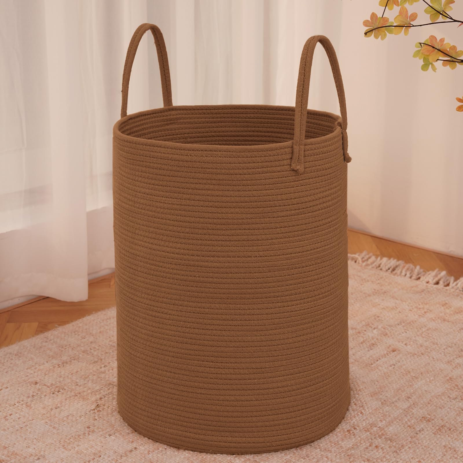 Large Woven Laundry Basket Hamper,60L Cotton Rope Storage Bin for Blankets,Toys and Clothes,Decorative Tall Nursery Hamper for Living Room,Baby Nursery,Bathroom and Bedroom,Brown