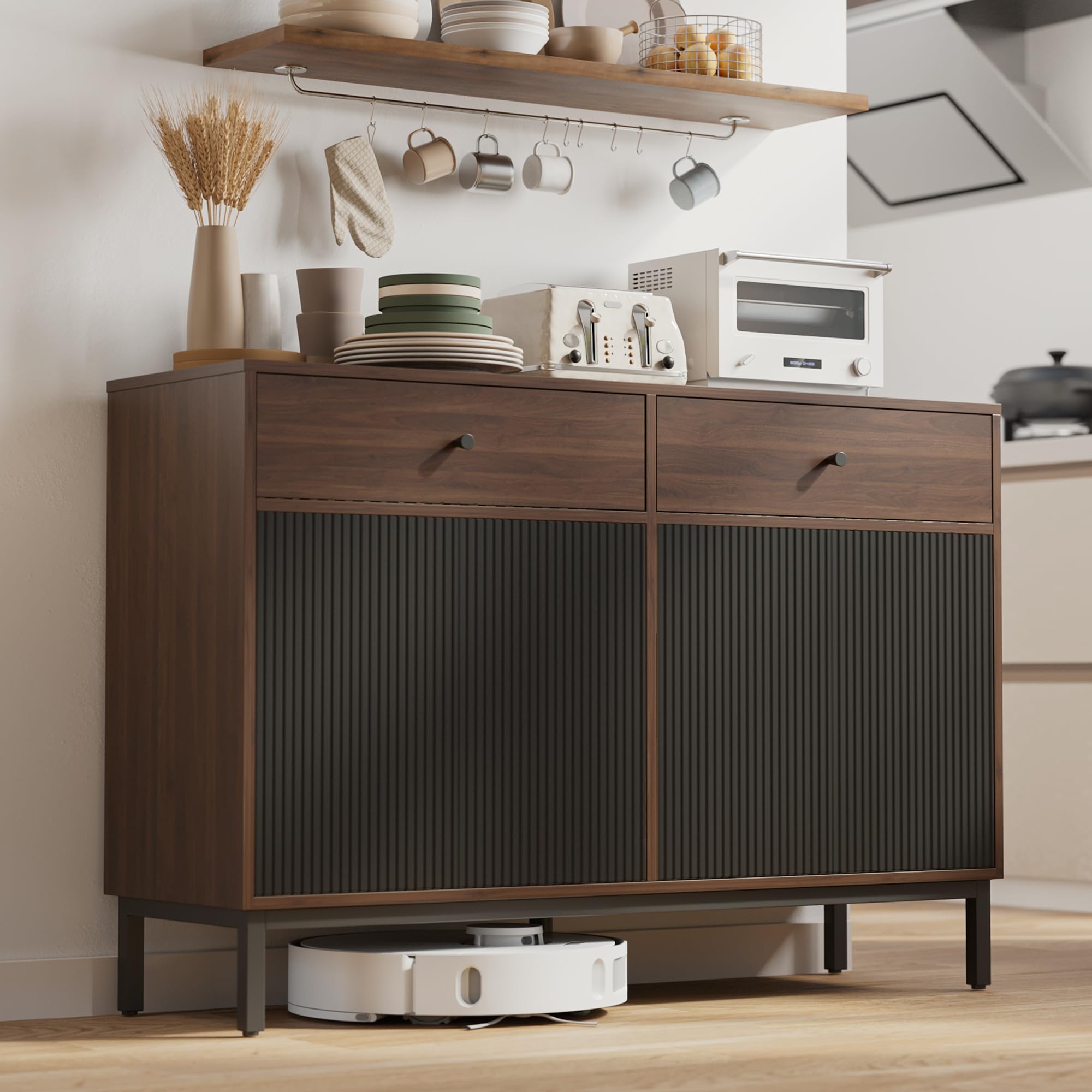 Mericonia Farmhouse Buffet Sideboard Cabinet with Storage, Fluted Coffee Bar with Doors and Adjustable Shelves, Modern Wood Console Cabinet for Kitchen, Livingroom (Fluted 4 Door, Natural)