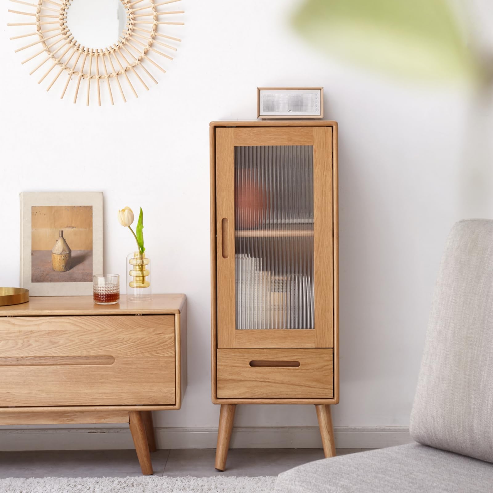 Sideboard Buffet Cabinet with Storage, 100% Solid Rubberwood Wood Coffee Bar with Glass Door & 2 Drawers, Wooden Kitchen Display Cabinet with Adjustable Shelf for Dining Room, Living Room