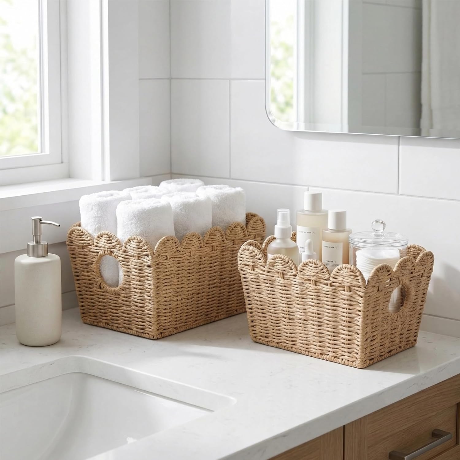 2 Pack Scalloped Wicker Baskets for Shelves, Paper Rope Storage Baskets for Organizing with Handles, Decorative Woven Baskets for Bathroom, Closet, Nursery