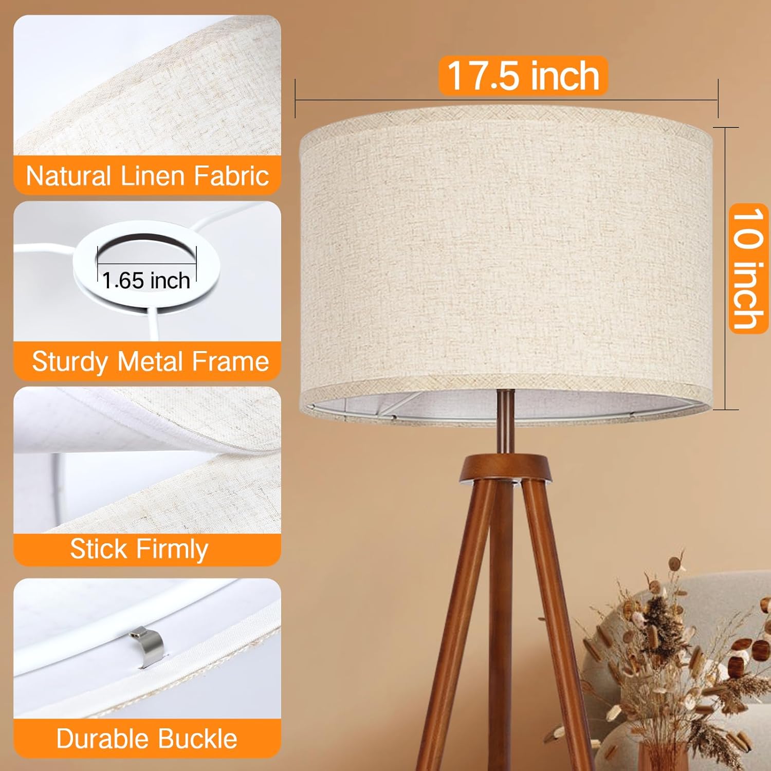 OUTON Beige Large Drum Lamp Shades for Floor Lamps, 17.5" Top x 17.5" Bottom x 10" High, Easy to Assemble, Replacement Linen Lampshades for Table Lamps & Bedside Lamps (1.65" Spider)