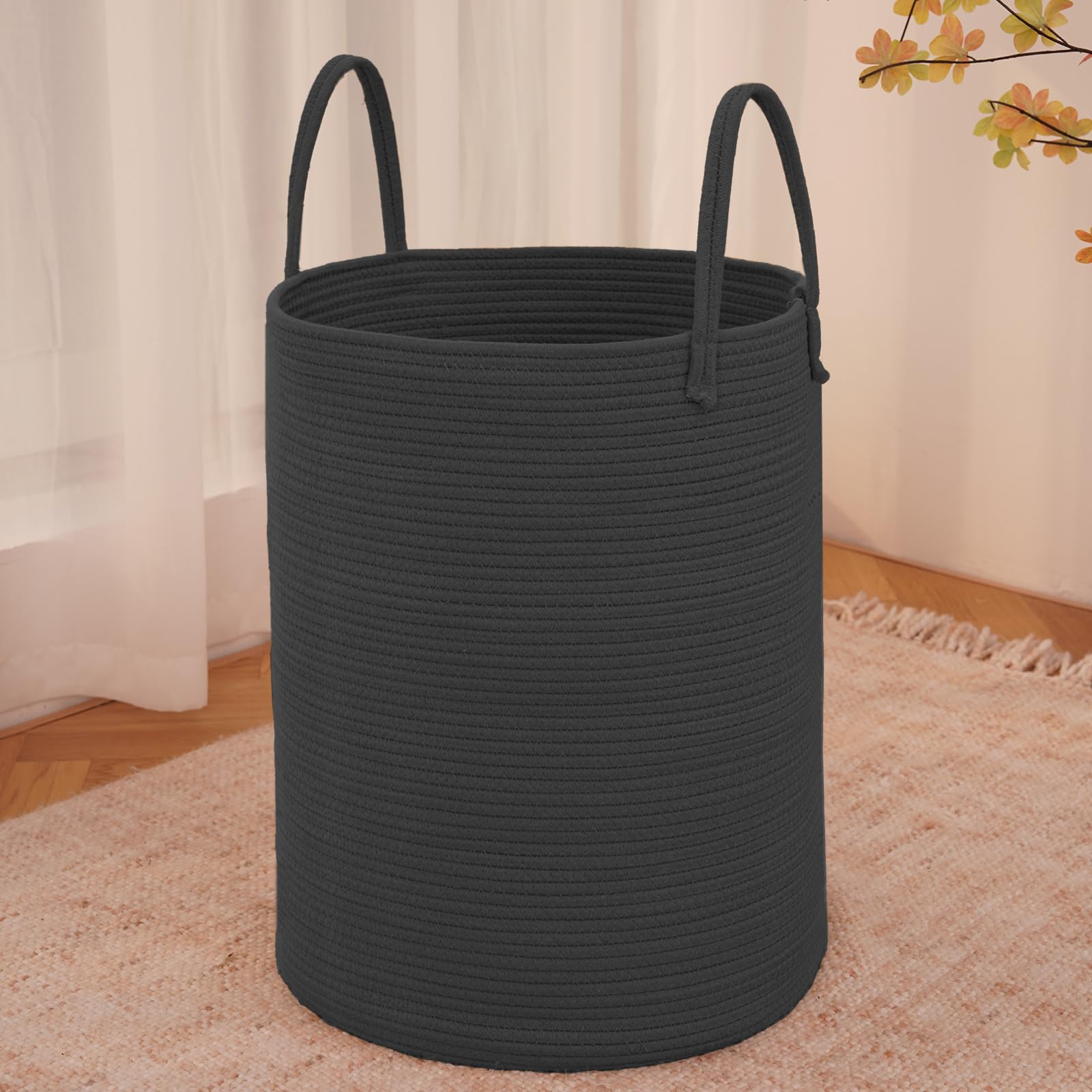 Large Woven Laundry Basket Hamper,60L Cotton Rope Storage Bin for Blankets,Toys and Clothes,Decorative Tall Nursery Hamper for Living Room,Baby Nursery,Bathroom and Bedroom,Brown