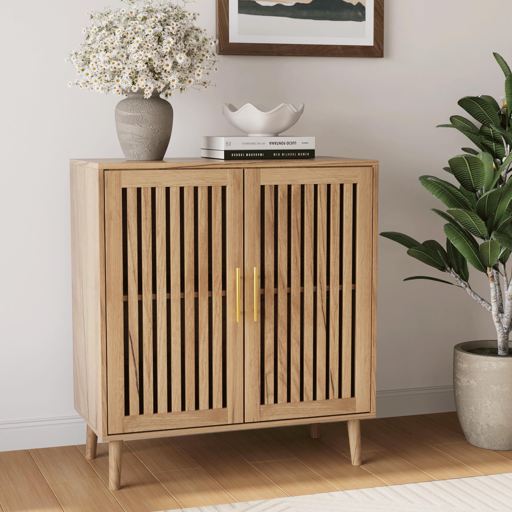 Sideboard Cabinet, 31.5" W Farmhouse Buffet Cabinet with Slatted Doors & Adjustable Shelf, Wood Coffee Bar Storage Station for Kitchen, Dining Room, Living Room, Entryway, Walnut Color