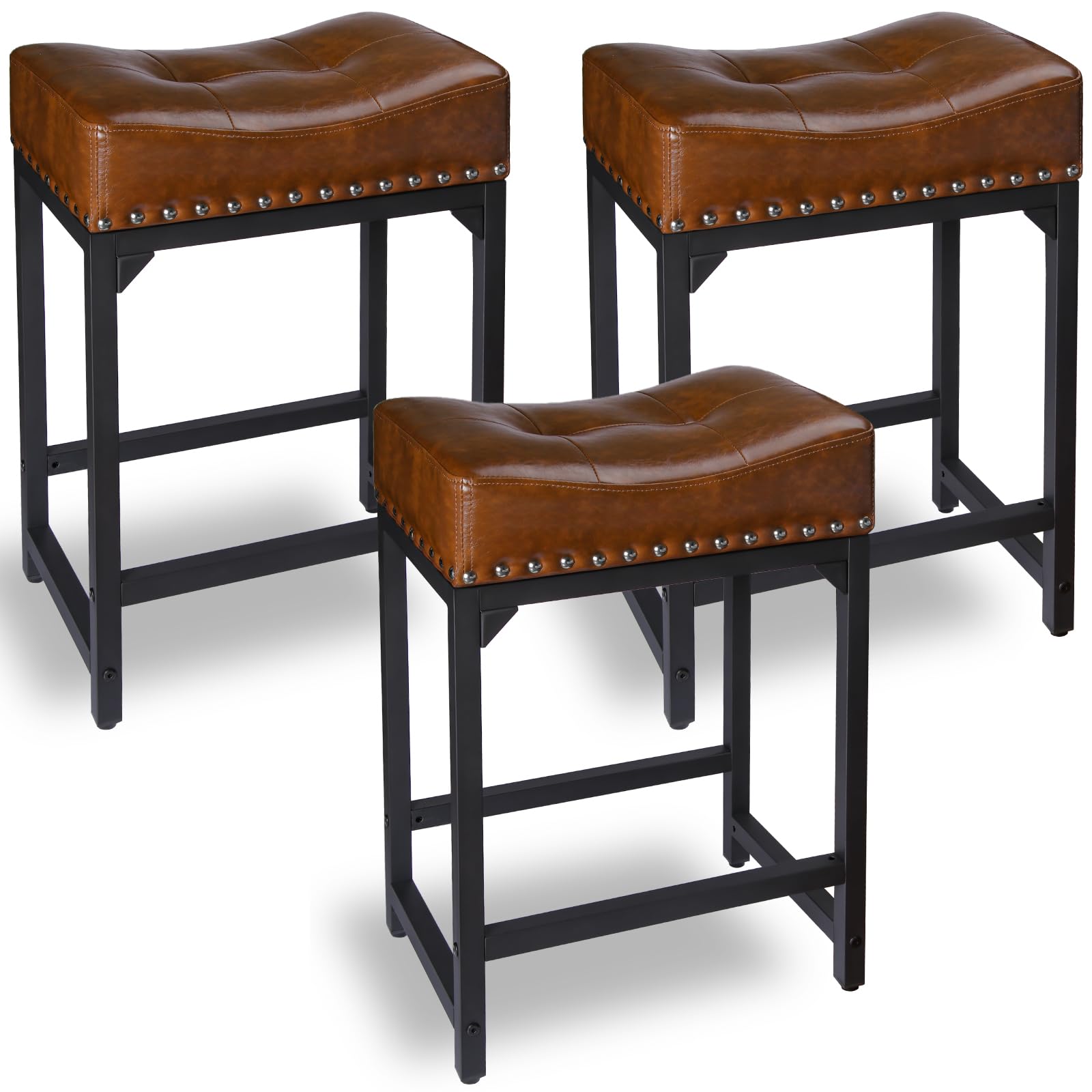 Bar Stools Set of 3, Counter Height Bar Stools for Kitchen Counter, 24 Inch Saddle Backless Barstools Kitchen Stool, Counter Height Stool for Dinning Room, Island-Brown