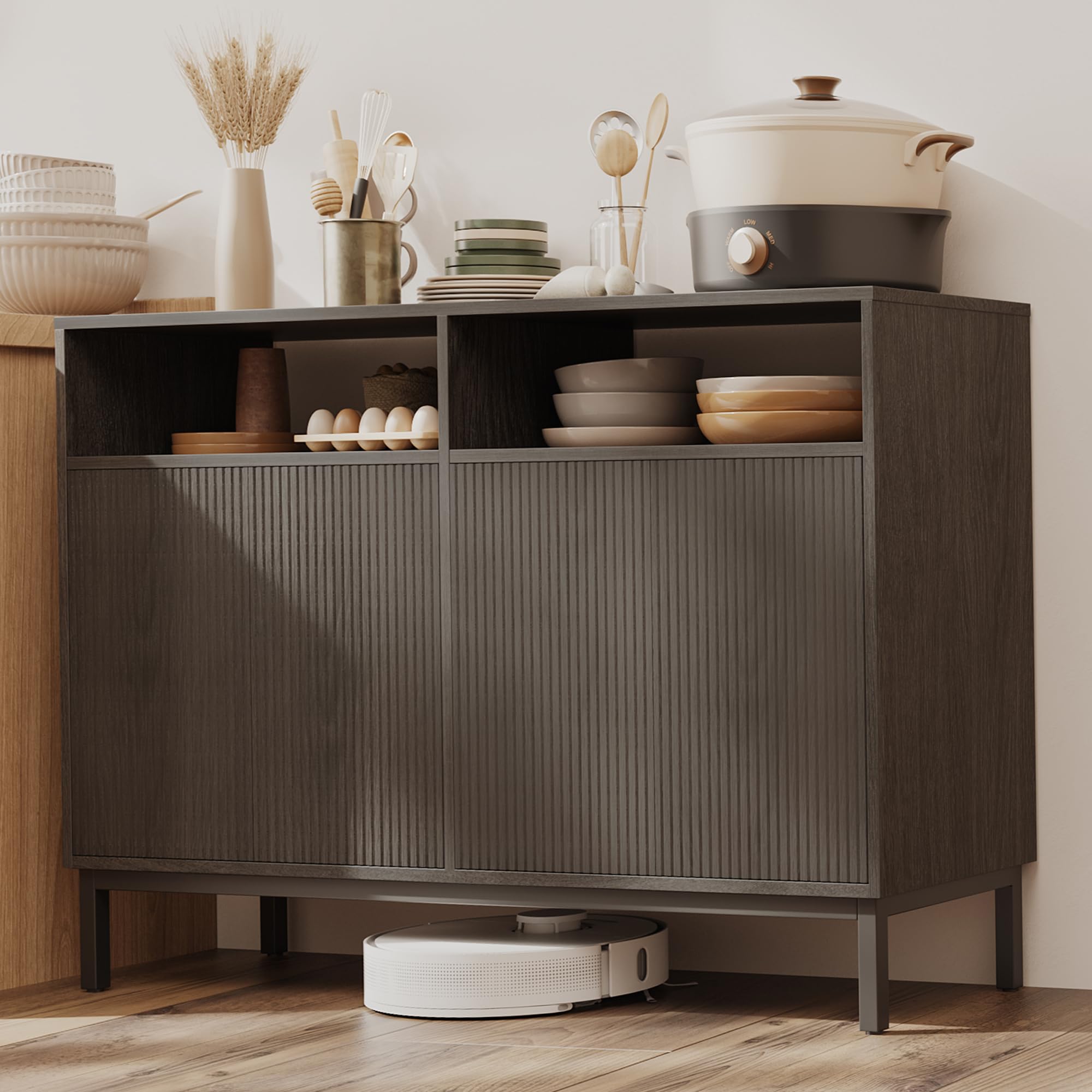 Mericonia Farmhouse Buffet Sideboard Cabinet with Storage, Fluted Coffee Bar with Doors and Adjustable Shelves, Modern Wood Console Cabinet for Kitchen, Livingroom (Fluted 4 Door, Natural)