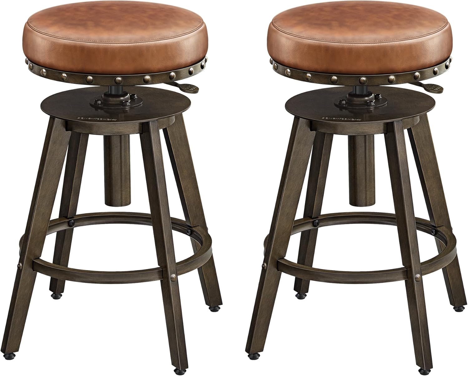 SONGMICS Home Bar Stools, Set of 2, Steampunk Counter Stool for Kitchen, Adjustable Height and Swivel Padded Seat, Workbench Stool, 16.5 x 19.3 x 24.6-29.3 Inches, Caramel Brown ULJB096K01