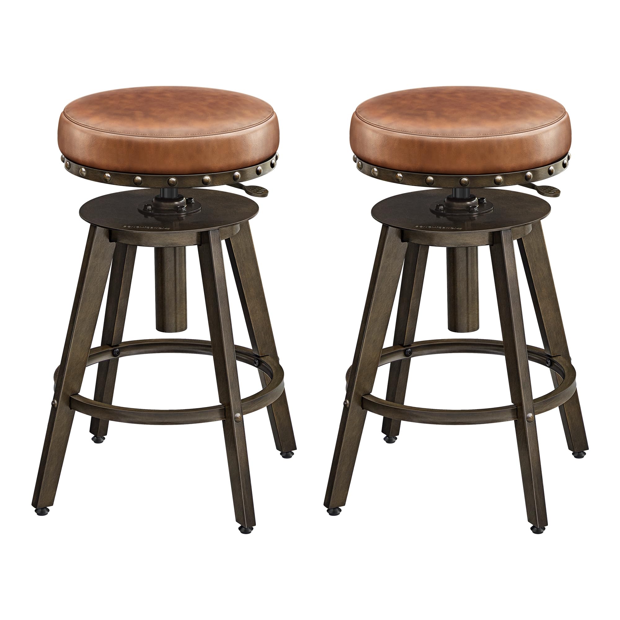 SONGMICS Home Bar Stools, Set of 2, Steampunk Counter Stool for Kitchen, Adjustable Height and Swivel Padded Seat, Workbench Stool, 16.5 x 19.3 x 24.6-29.3 Inches, Caramel Brown ULJB096K01
