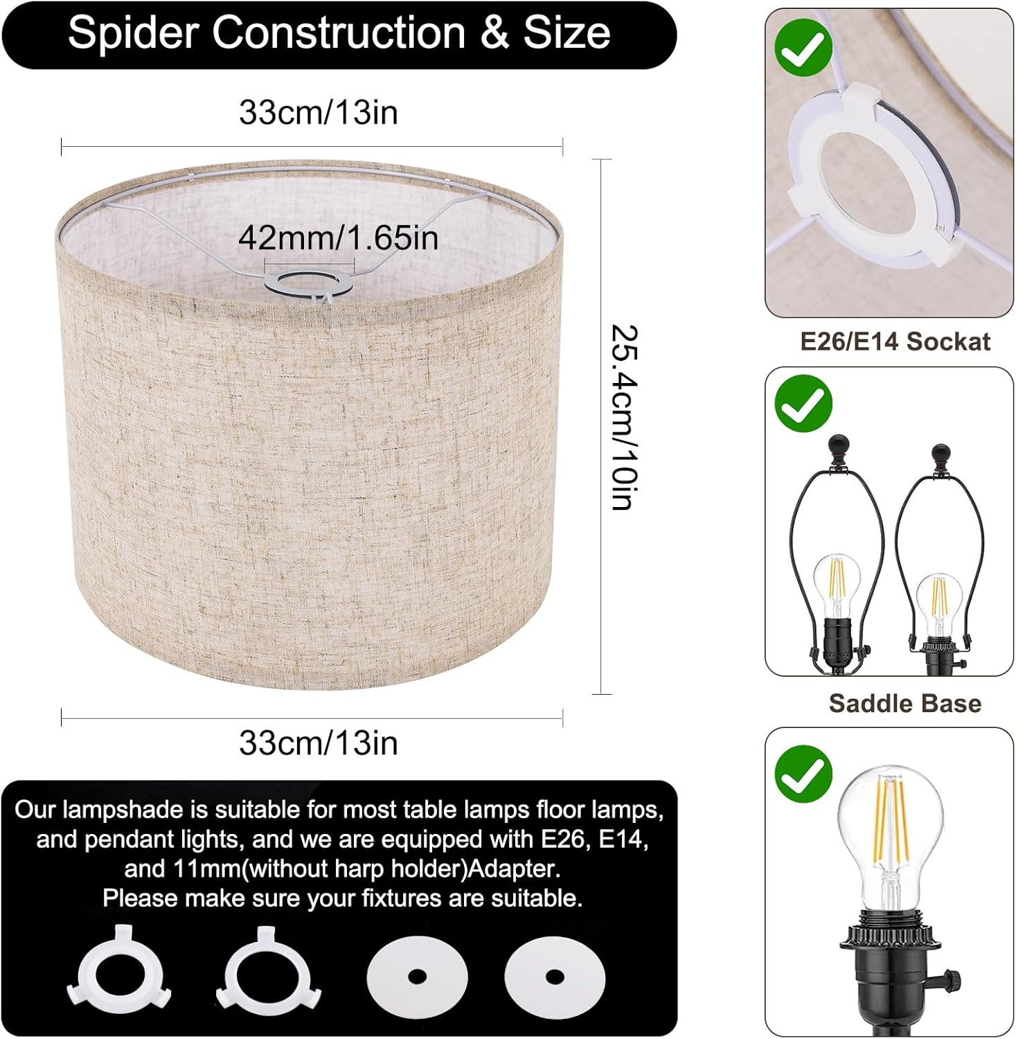 Beige Lamp Shade, Large Drum Lampshade 13''Top X 13'' Bottom X 10'' High, Replacement Lamp Shade Natural Linen Hand Crafted for Table Lamps Floor Lamps Chandelier Lamp, Easy Assembly Required