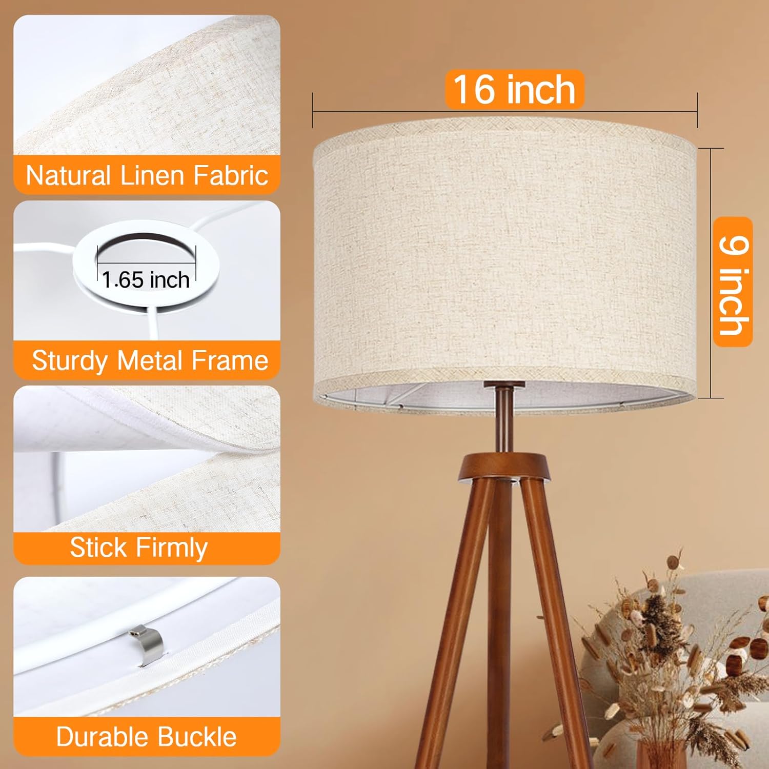 OUTON Beige Large Drum Lamp Shades for Floor Lamps, 16" Top x16" Bottom x 9" High, Easy to Assemble, Replacement Linen Lampshades for Table Lamps & Bedside Lamps (1.65" Spider)
