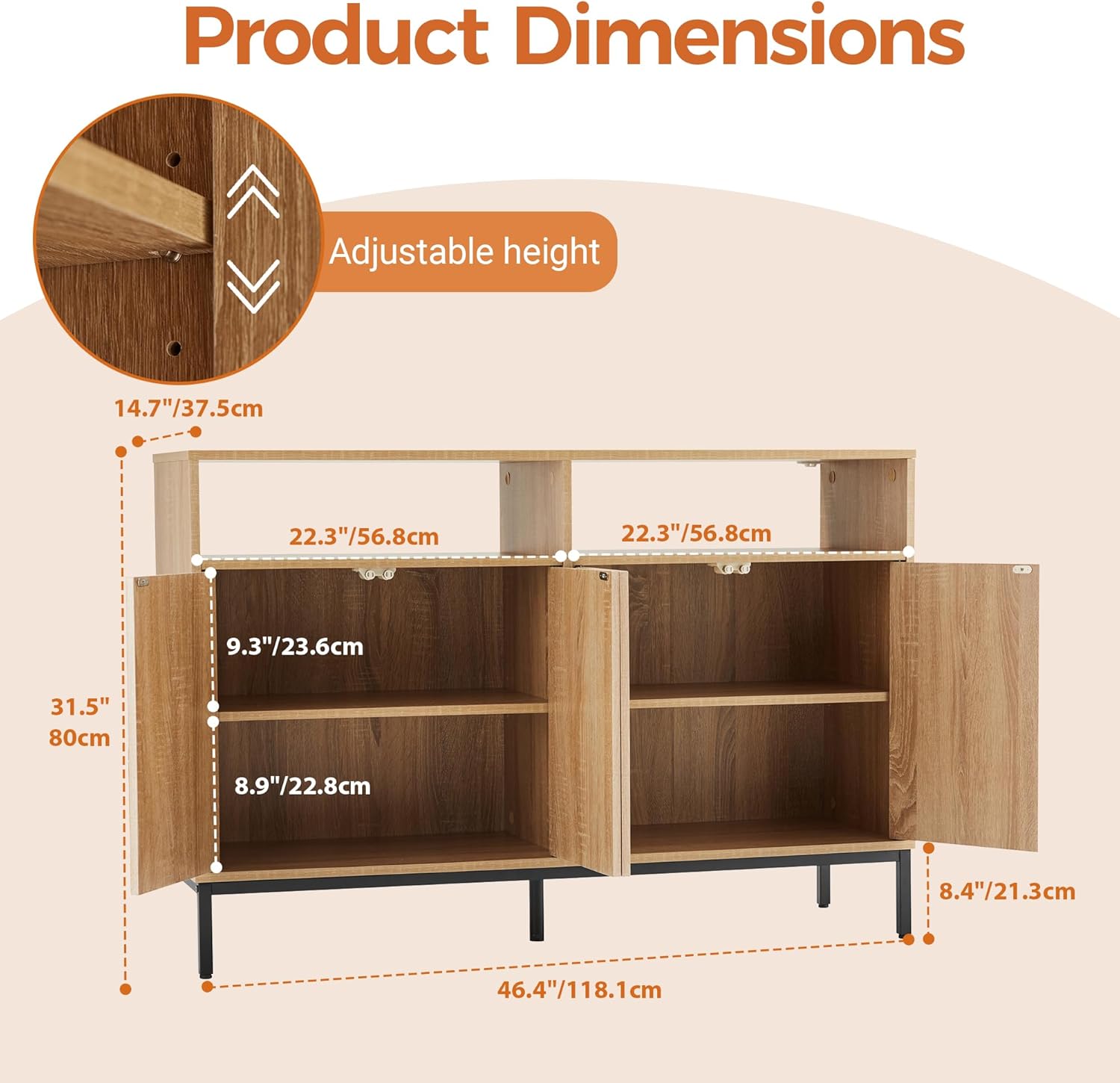 Mericonia Farmhouse Buffet Sideboard Cabinet with Storage, Fluted Coffee Bar with Doors and Adjustable Shelves, Modern Wood Console Cabinet for Kitchen, Livingroom (Fluted 4 Door, Natural)