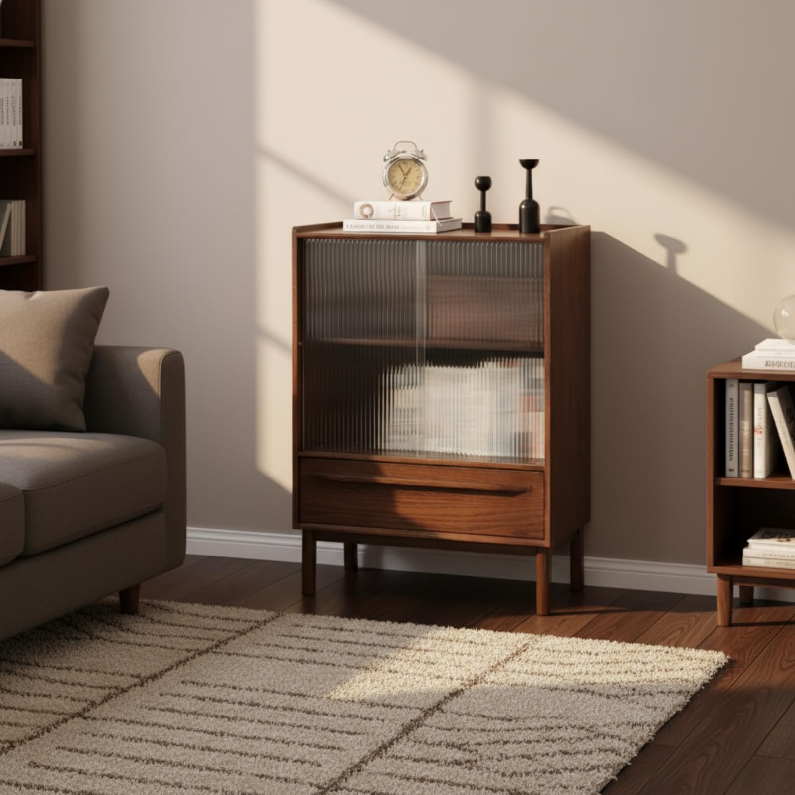 Sideboard Buffet Cabinet with Storage, 100% Solid Rubberwood Wood Coffee Bar with Glass Door & 2 Drawers, Wooden Kitchen Display Cabinet with Adjustable Shelf for Dining Room, Living Room