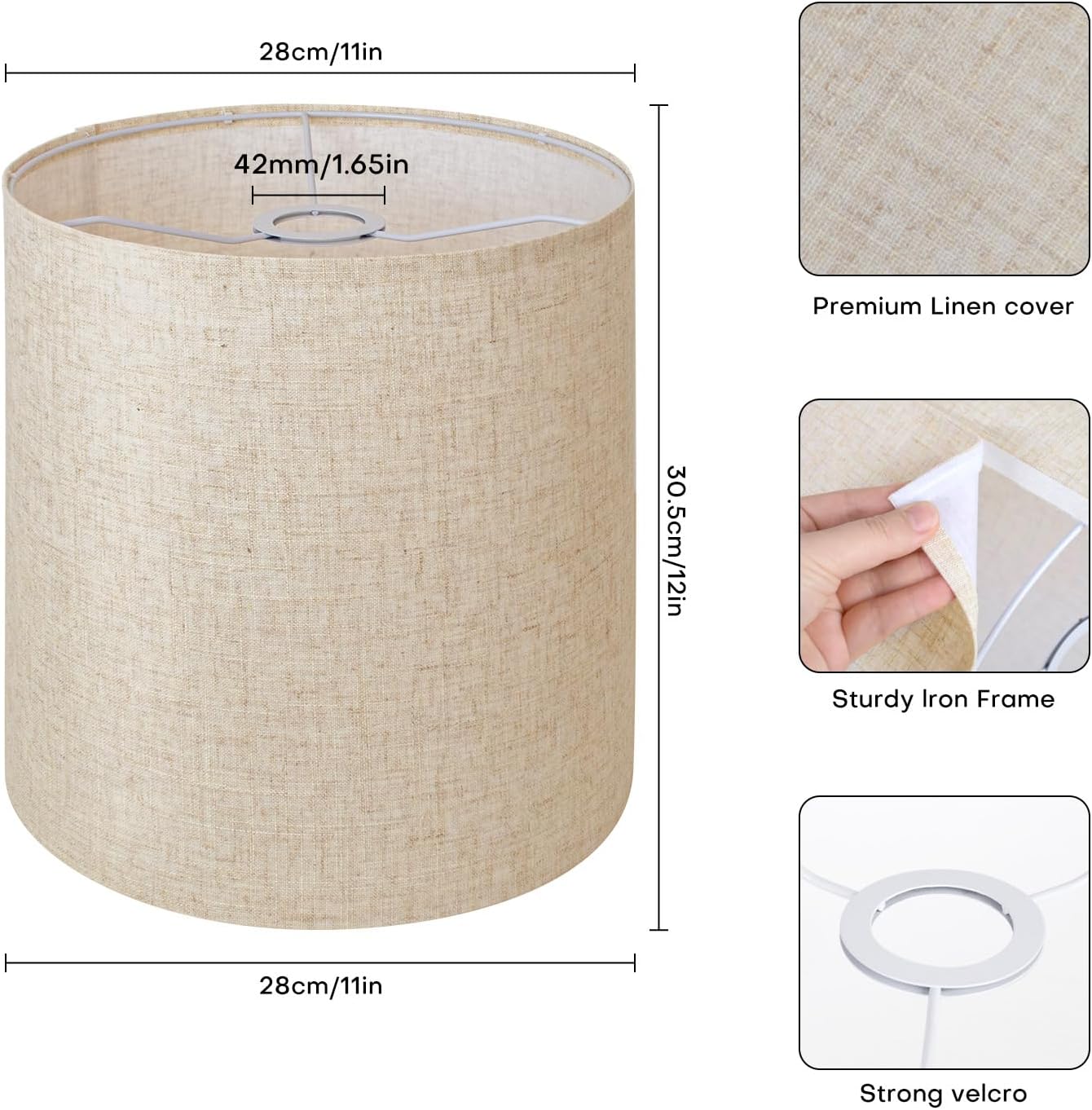 Beige Linen Tall Drum Lampshade, 11" Top x 11" Bottom x 12" High Lamp Shade, Lamp Shade Replacement for Table and Floor Lamps, Pendant Light，Handcrafted Lampshade，Easy Assembly