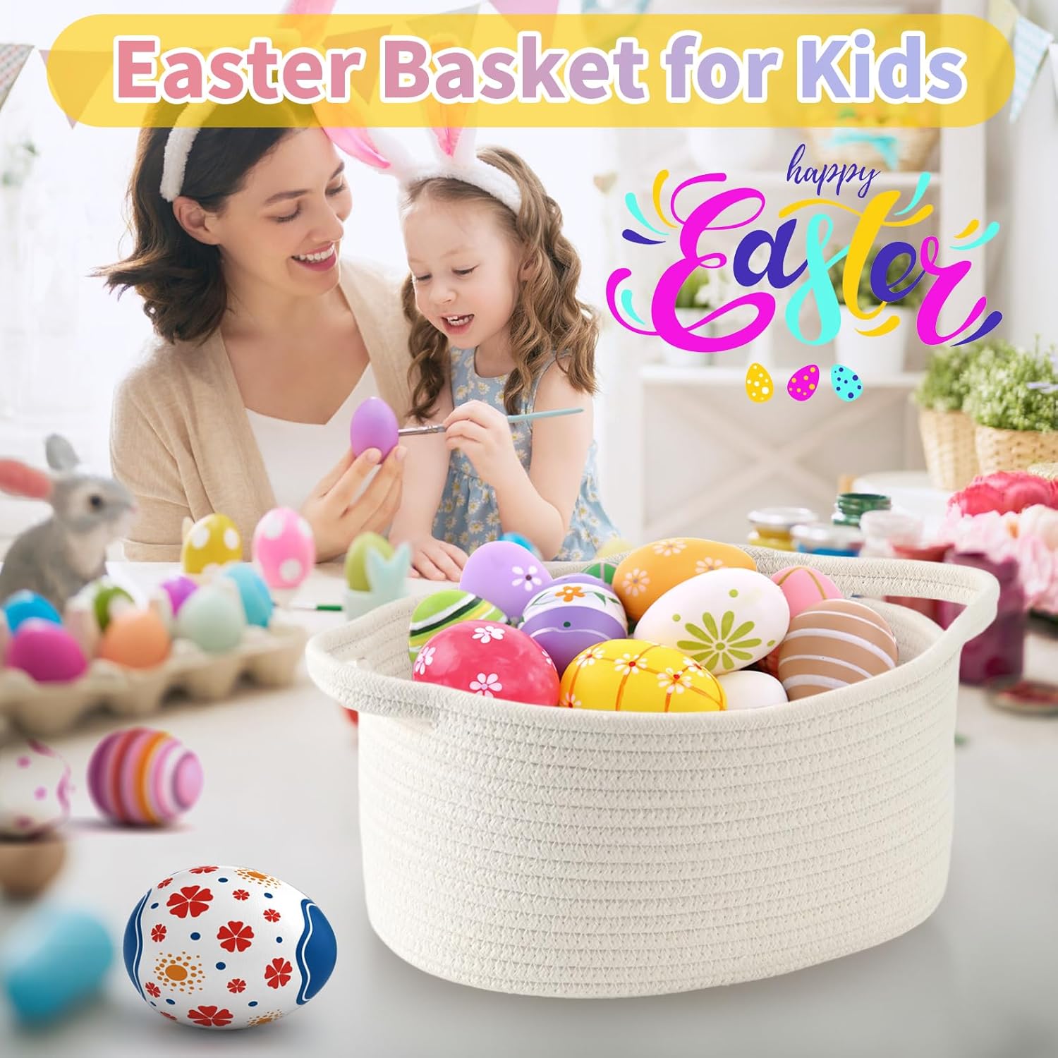 Cute Woven Easter Basket with Handle, Baskets for Gifts Empty, Present Containers for Raffle Baby Shower Burr Basket, Decorative Organizer Box for Storage Baby Toy, 13" D x 8" W x 6" H