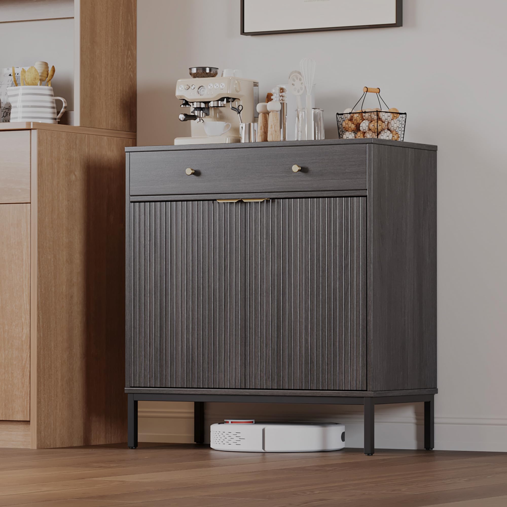 Mericonia Farmhouse Buffet Sideboard Cabinet with Storage, Fluted Coffee Bar with Doors and Adjustable Shelves, Modern Wood Console Cabinet for Kitchen, Livingroom (Fluted 4 Door, Natural)