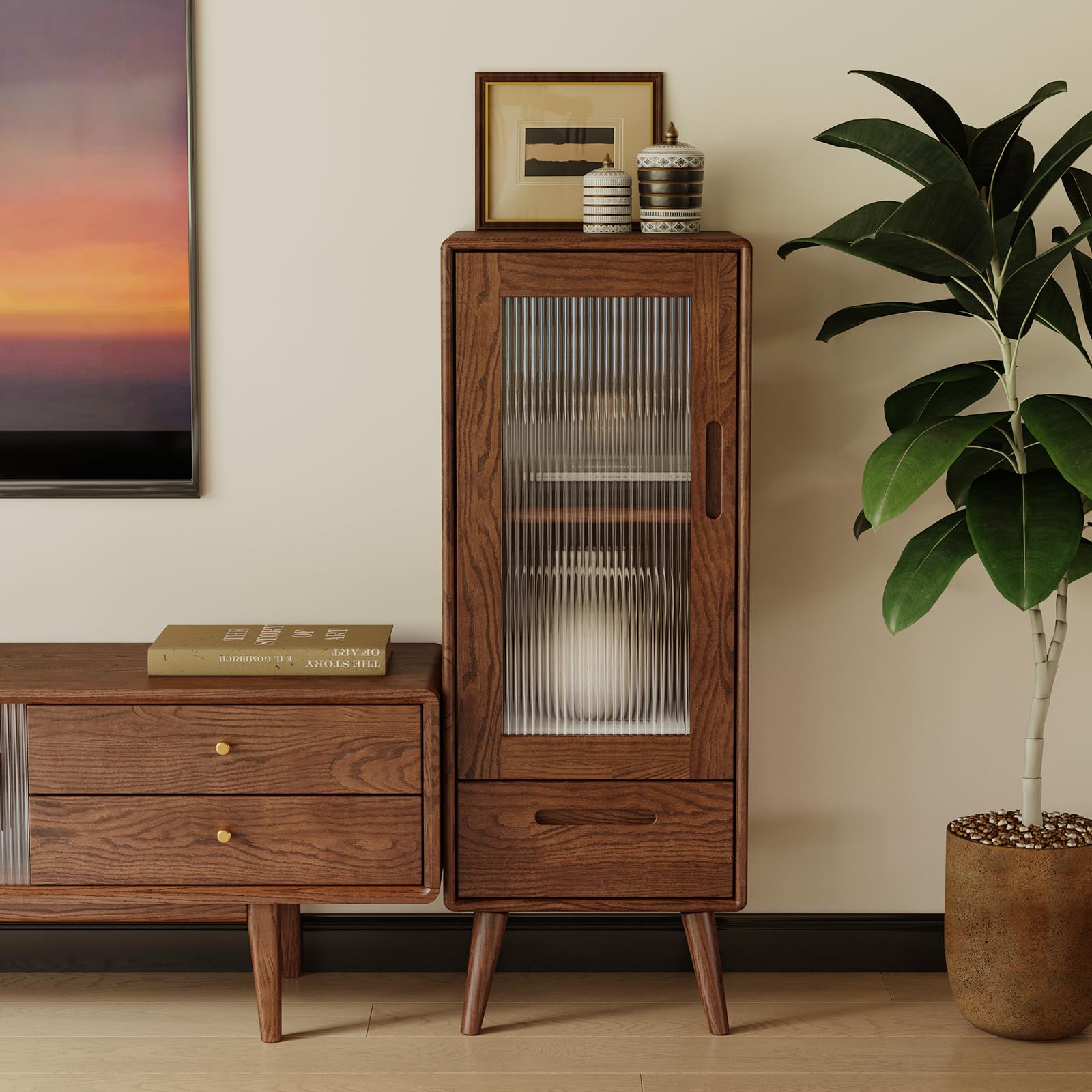 Sideboard Buffet Cabinet with Storage, 100% Solid Rubberwood Wood Coffee Bar with Glass Door & 2 Drawers, Wooden Kitchen Display Cabinet with Adjustable Shelf for Dining Room, Living Room