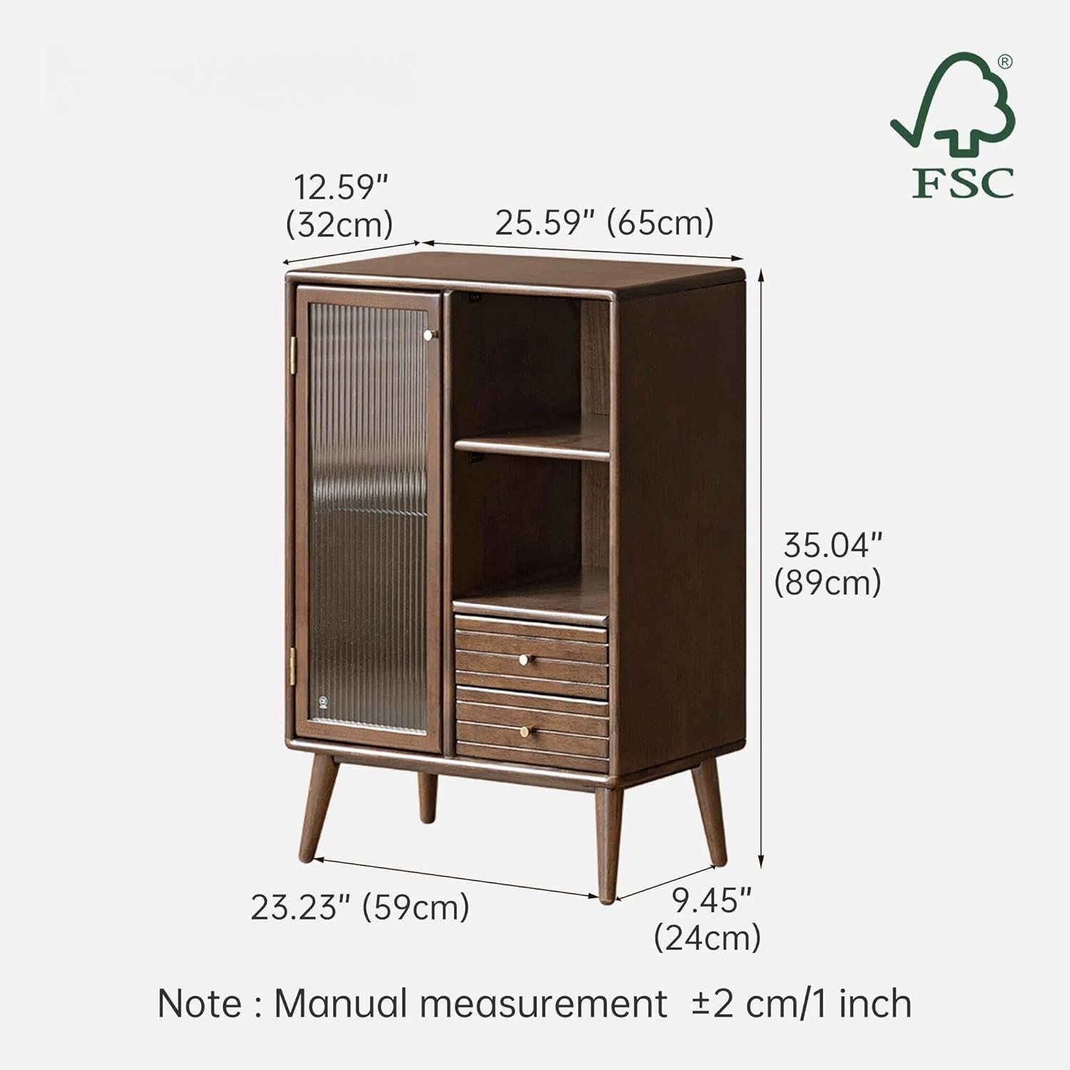 Sideboard Buffet Cabinet with Storage, 100% Solid Rubberwood Wood Coffee Bar with Glass Door & 2 Drawers, Wooden Kitchen Display Cabinet with Adjustable Shelf for Dining Room, Living Room