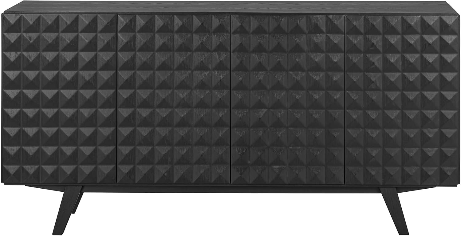 NTC Sapa Mid-Century Modern Solid Wood Sideboard – 4-Door Accent Buffet Cabinet with Carved Geometric Fronts, for Living Room, or Entryway, Effortless Assembly, Burnt Black
