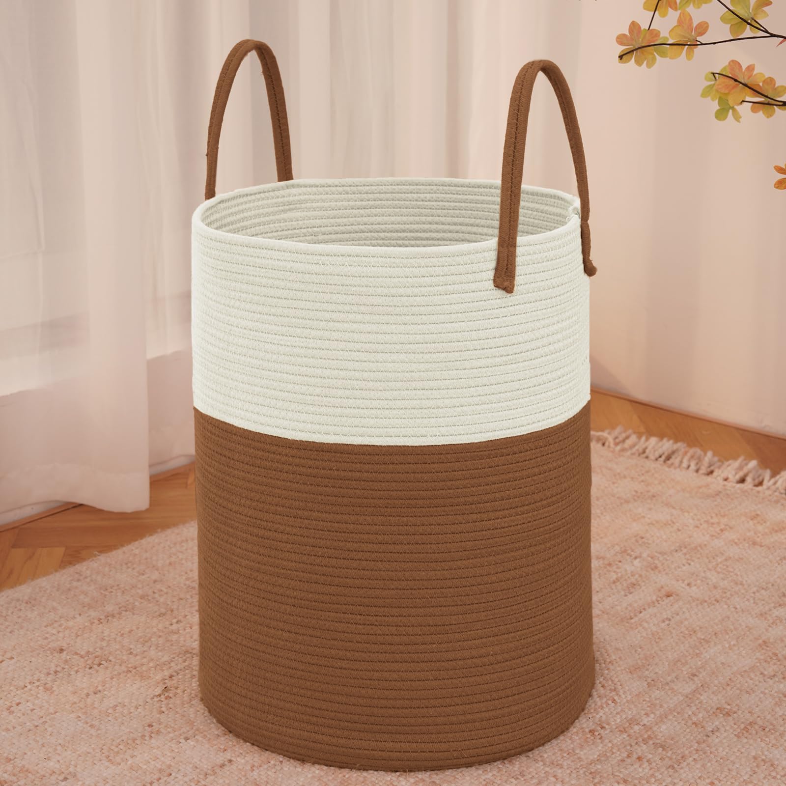 Large Woven Laundry Basket Hamper,60L Cotton Rope Storage Bin for Blankets,Toys and Clothes,Decorative Tall Nursery Hamper for Living Room,Baby Nursery,Bathroom and Bedroom,Brown