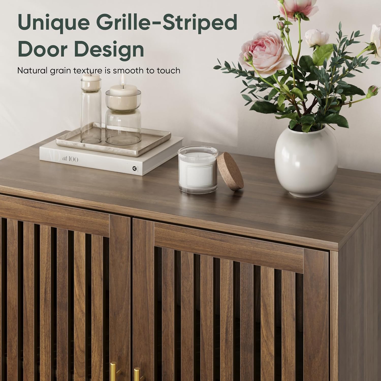 Sideboard Cabinet, 31.5" W Farmhouse Buffet Cabinet with Slatted Doors & Adjustable Shelf, Wood Coffee Bar Storage Station for Kitchen, Dining Room, Living Room, Entryway, Walnut Color