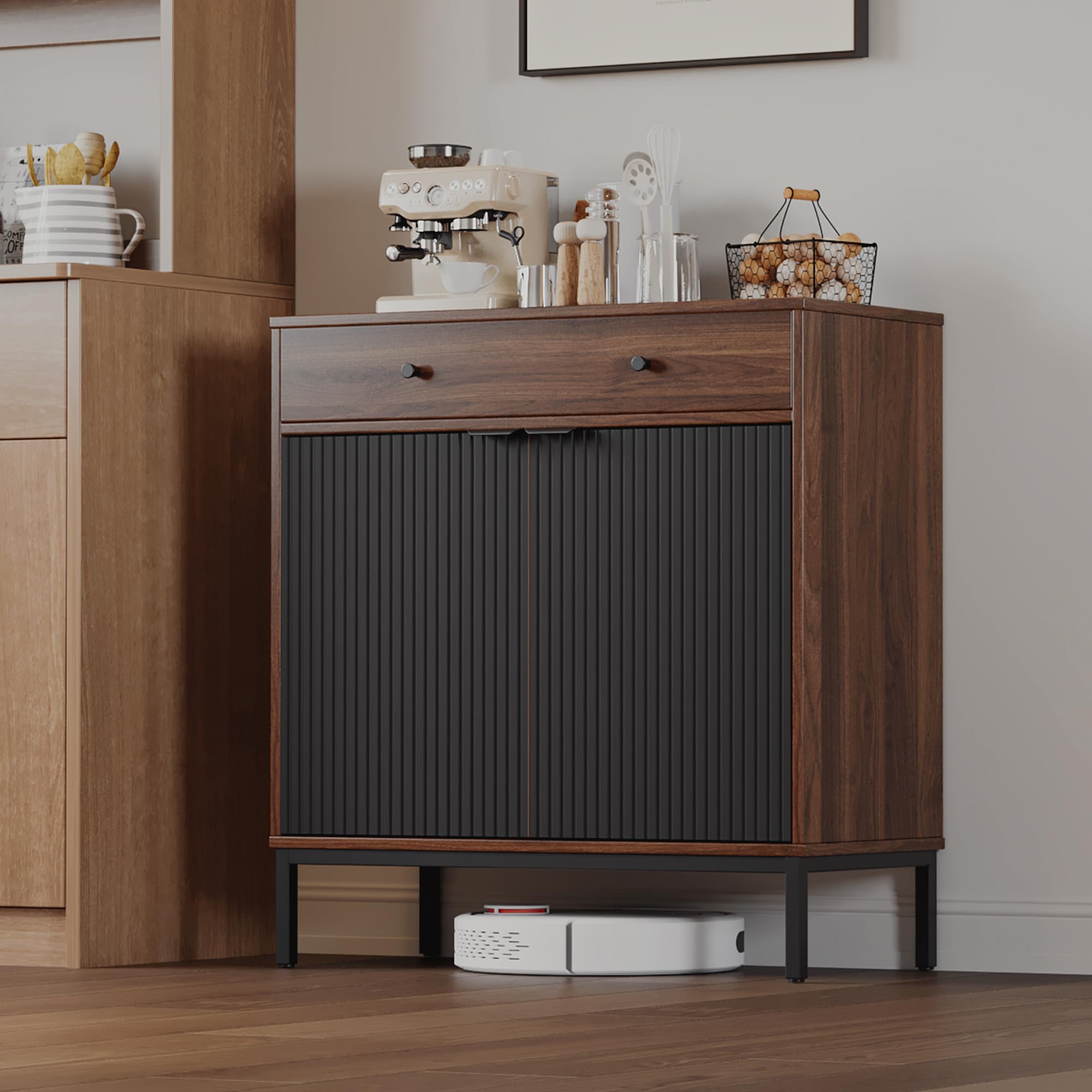 Mericonia Farmhouse Buffet Sideboard Cabinet with Storage, Fluted Coffee Bar with Doors and Adjustable Shelves, Modern Wood Console Cabinet for Kitchen, Livingroom (Fluted 4 Door, Natural)