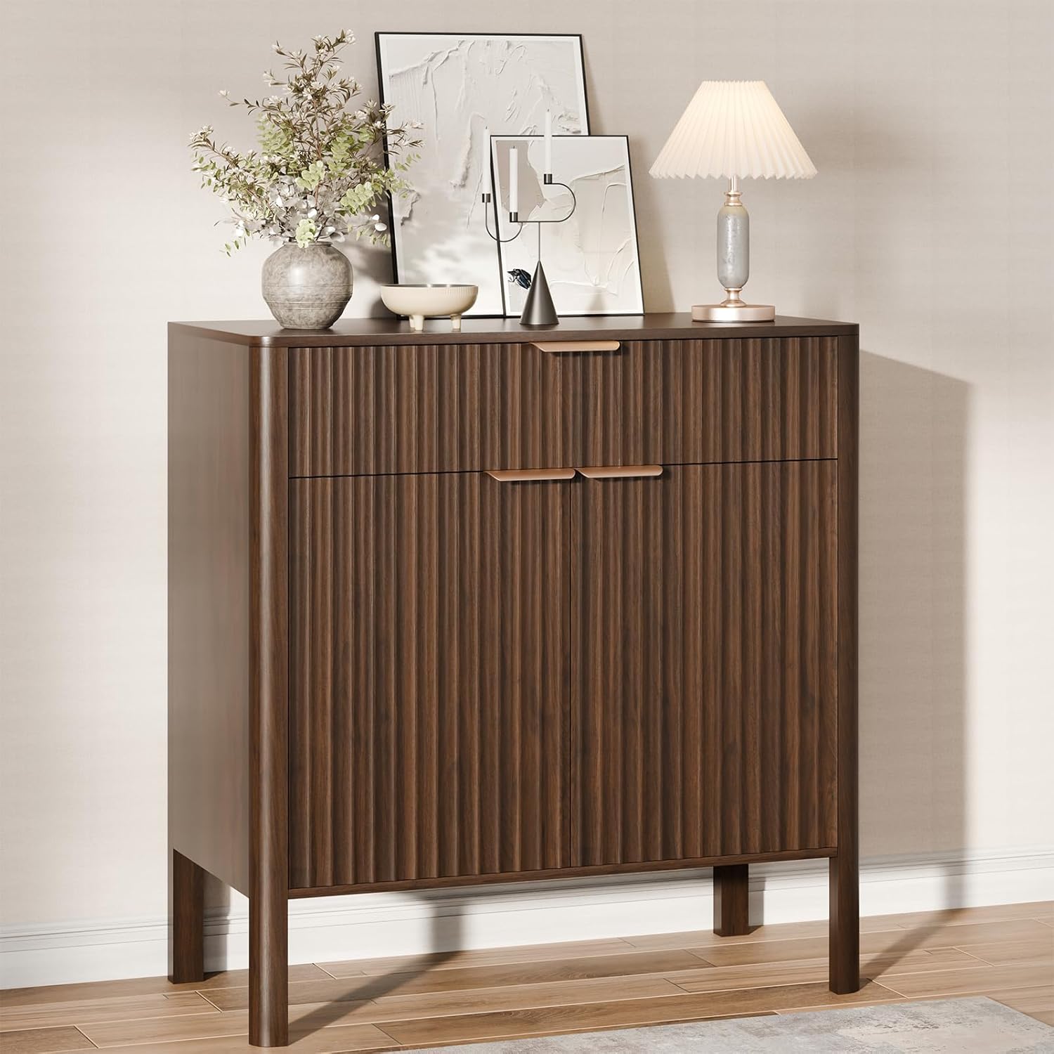 Fluted Buffet Cabinet with Storage - Modern Sideboard Accent Credenza with Doors & Drawer Wood Console Coffee Table Bar Counter for Living Room Kitchen Dining Room Entryway, Easy Assembly 31" Walnut