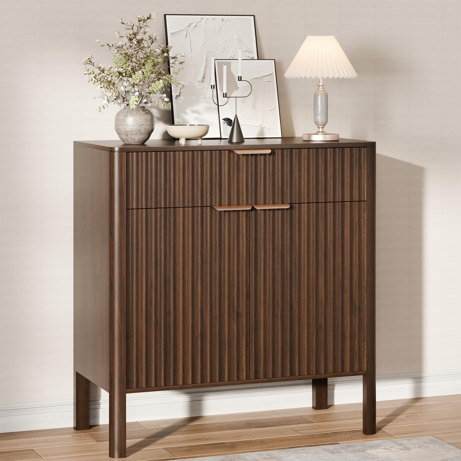 Fluted Buffet Cabinet with Storage - Modern Sideboard Accent Credenza with Doors & Drawer Wood Console Coffee Table Bar Counter for Living Room Kitchen Dining Room Entryway, Easy Assembly 31" Walnut