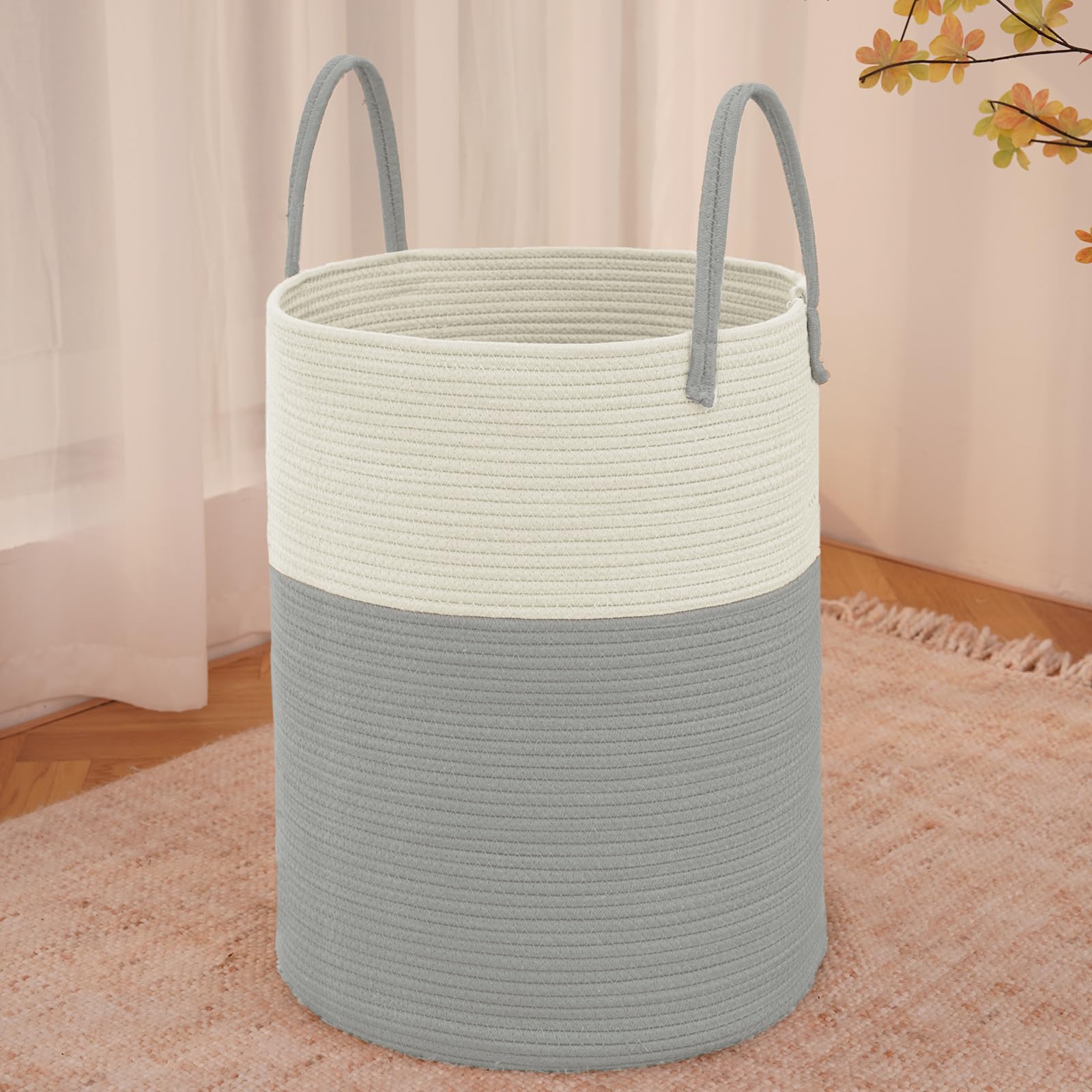 Large Woven Laundry Basket Hamper,60L Cotton Rope Storage Bin for Blankets,Toys and Clothes,Decorative Tall Nursery Hamper for Living Room,Baby Nursery,Bathroom and Bedroom,Brown