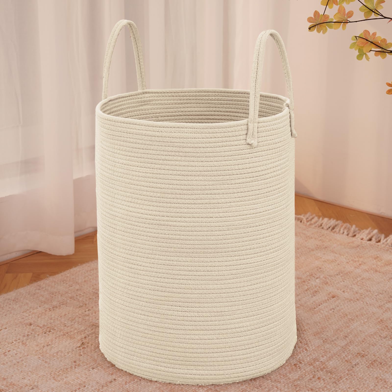 Large Woven Laundry Basket Hamper,60L Cotton Rope Storage Bin for Blankets,Toys and Clothes,Decorative Tall Nursery Hamper for Living Room,Baby Nursery,Bathroom and Bedroom,Brown