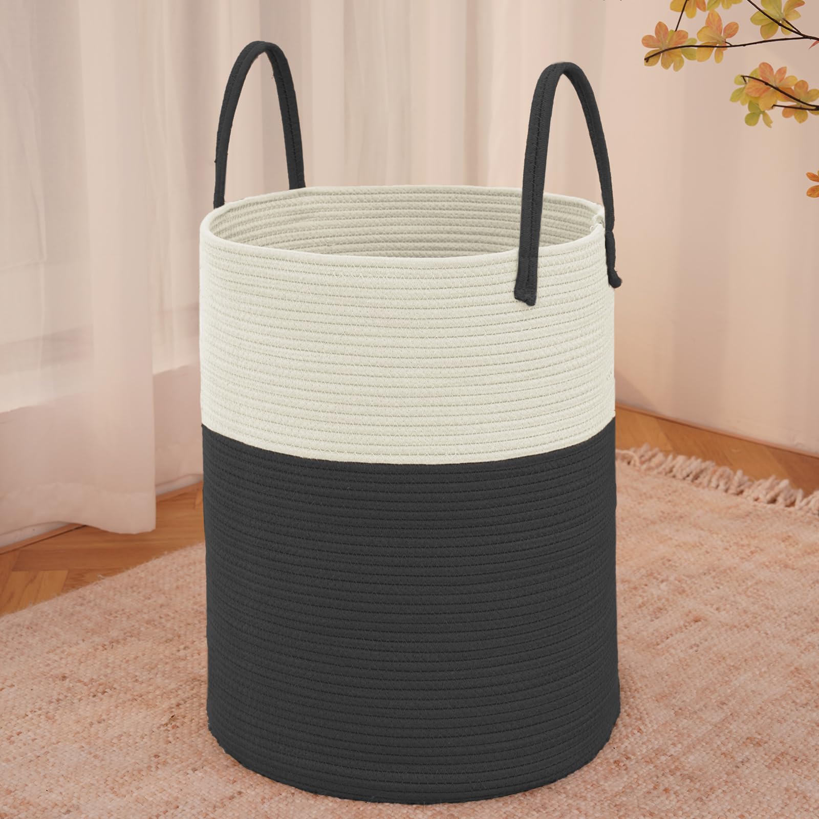 Large Woven Laundry Basket Hamper,60L Cotton Rope Storage Bin for Blankets,Toys and Clothes,Decorative Tall Nursery Hamper for Living Room,Baby Nursery,Bathroom and Bedroom,Brown
