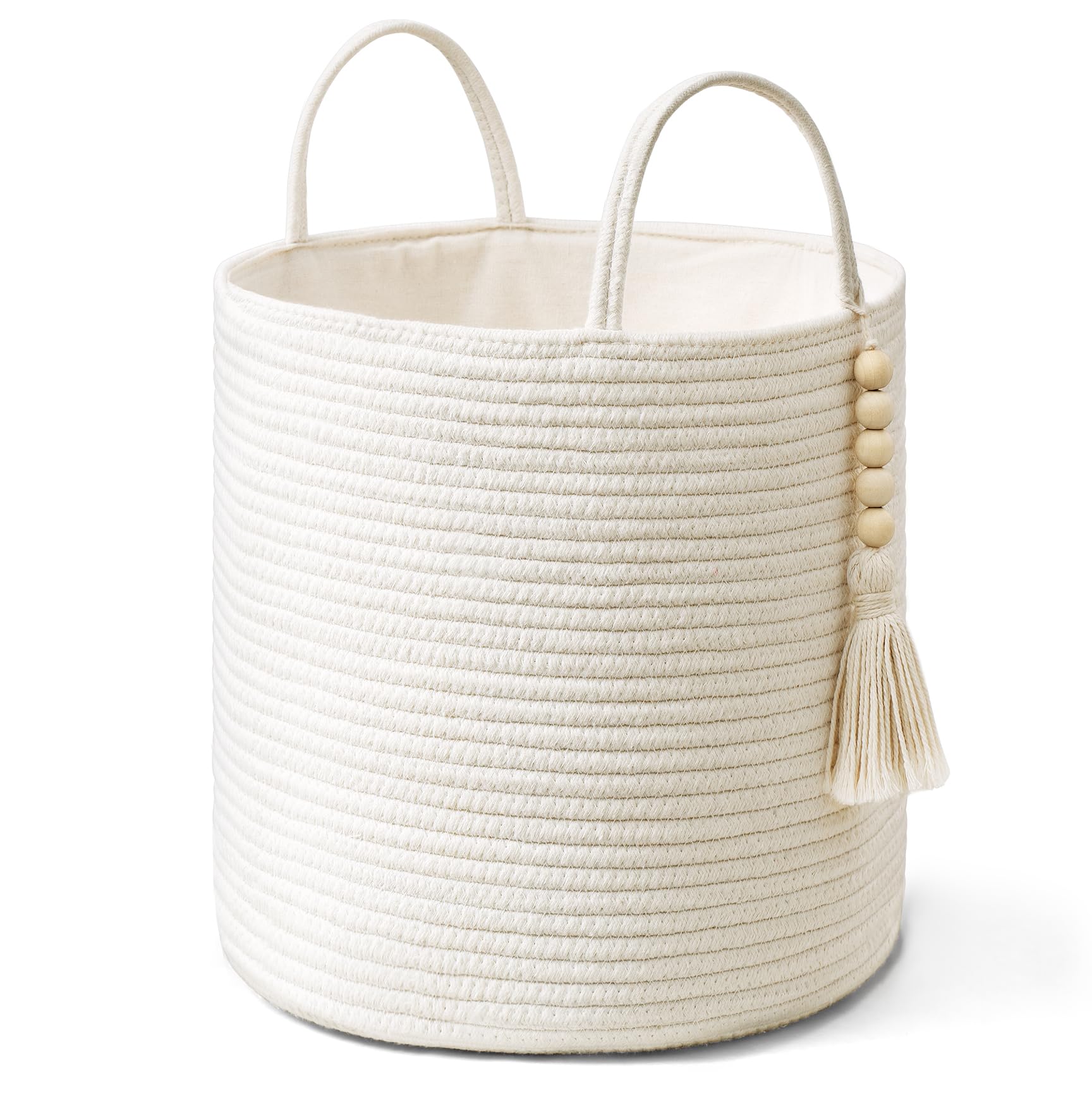 Mkono Woven Storage Basket Decorative Natural Rope Basket Wooden Bead Decoration for Blankets,Toys,Clothes,Shoes,Plant Organizer Bin with Handles Living Room Home Decor, Jute, 16" W × 13.8"L